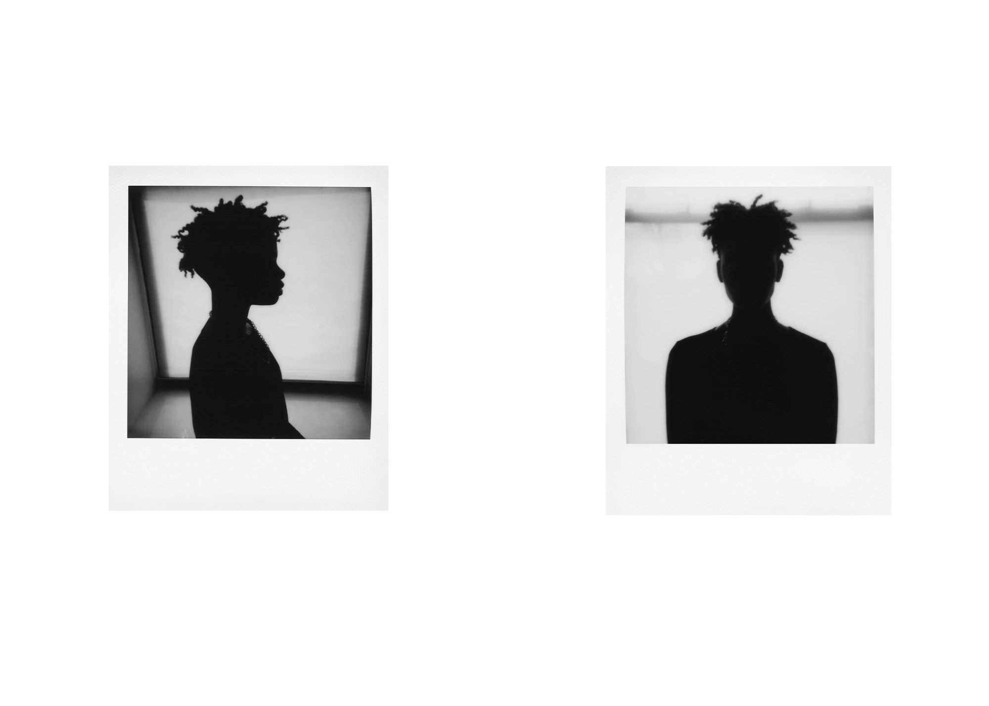 Two black and white polaroids of a silhouetted model, profile view and straight on