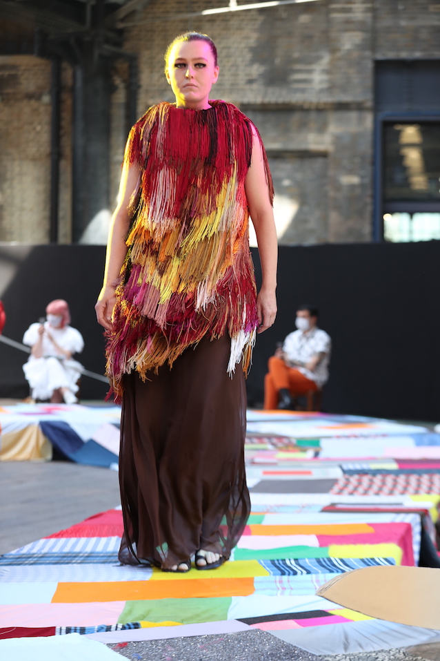 model wearing thomas kindon's csm graduate collection