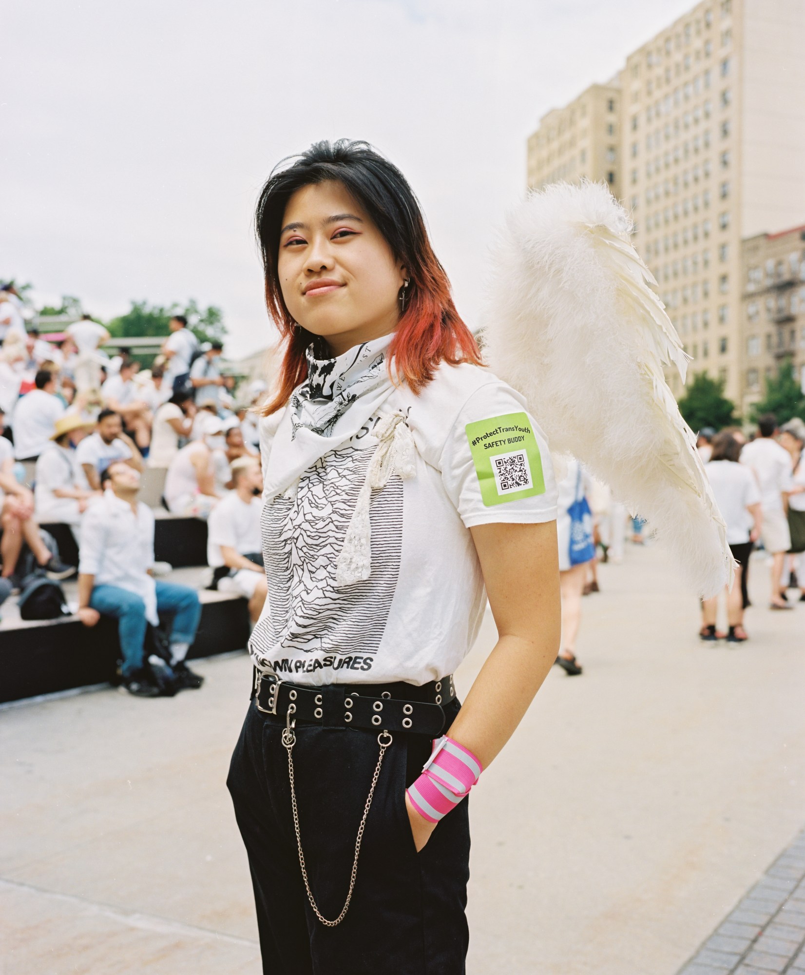 Jenny Zhao wearing angel wings.