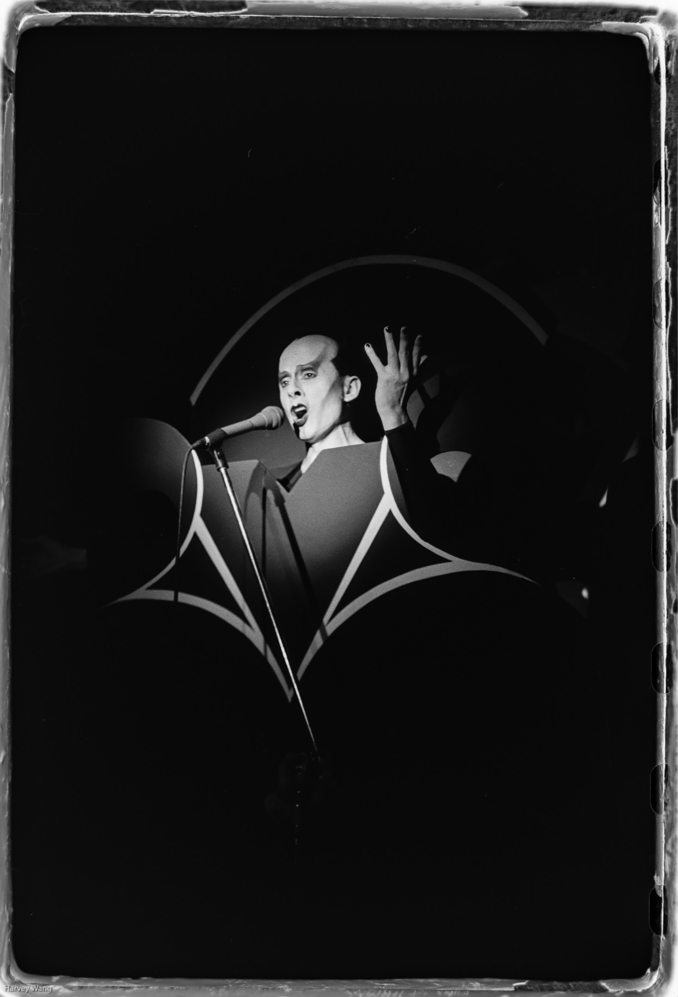 a musician in androgynous makeup sings into a microphone