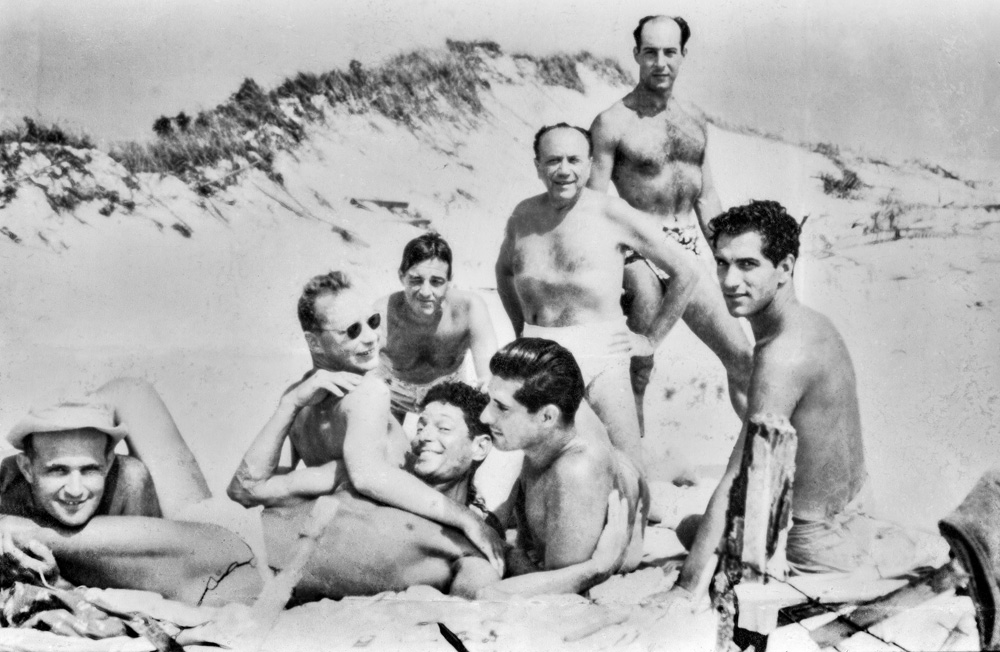 eight shirtless men embracing on the beach in fire island