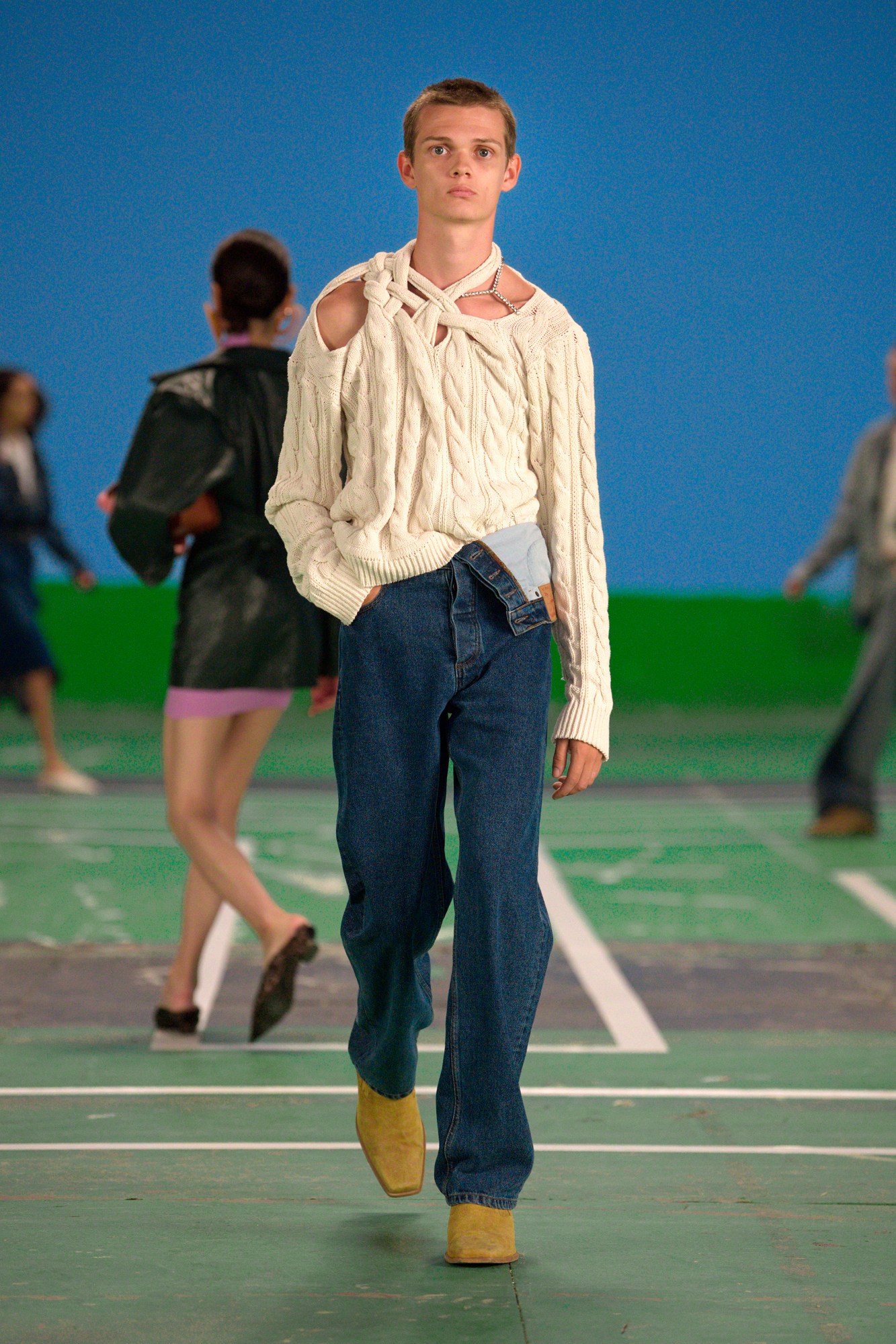 A model wearing a full look from Y/Project's SS22 collection