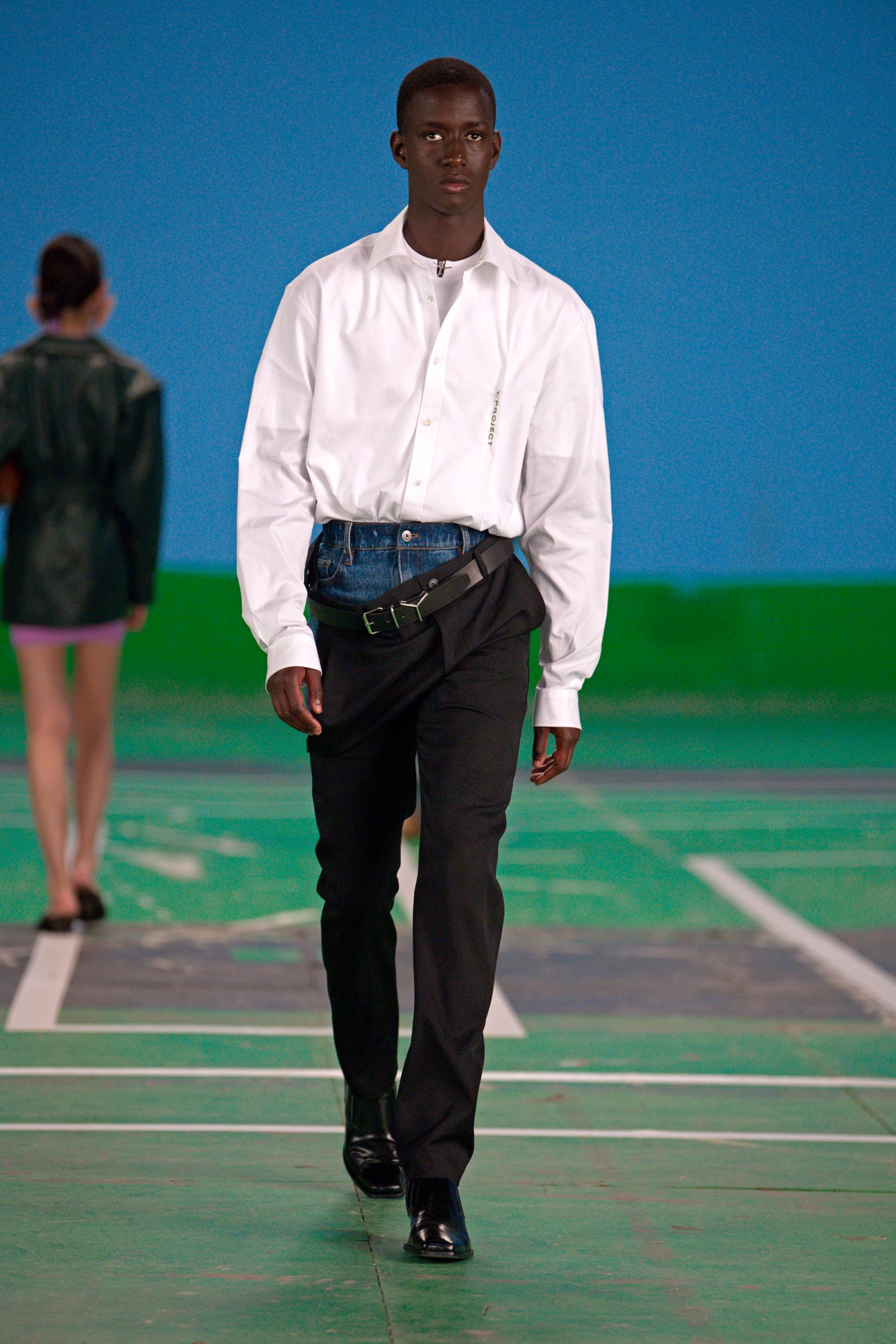 A model wearing a full look from Y/Project's SS22 collection