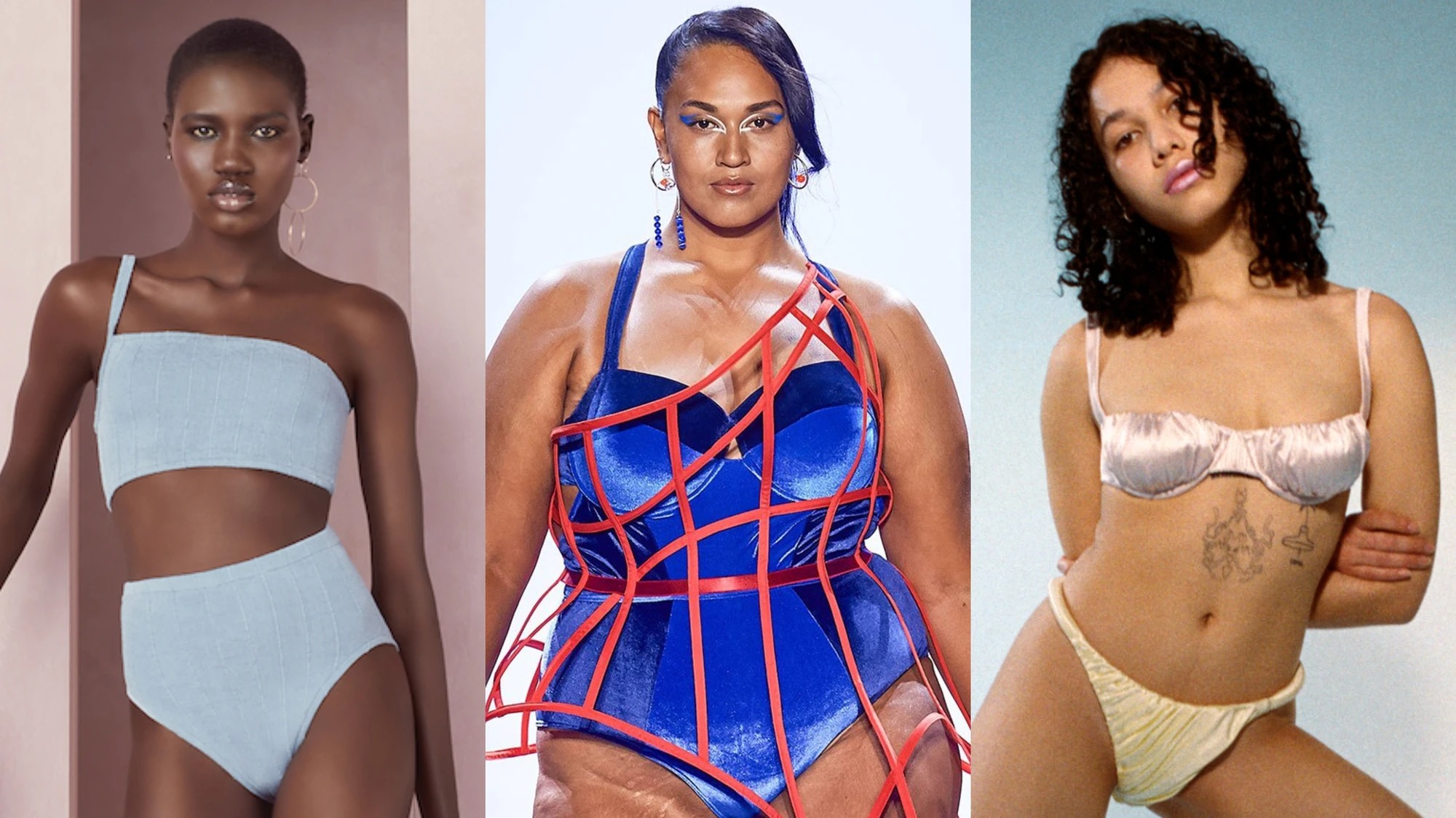 three models wearing. swimwear by Isa Boulder, Chromat and Hunza G