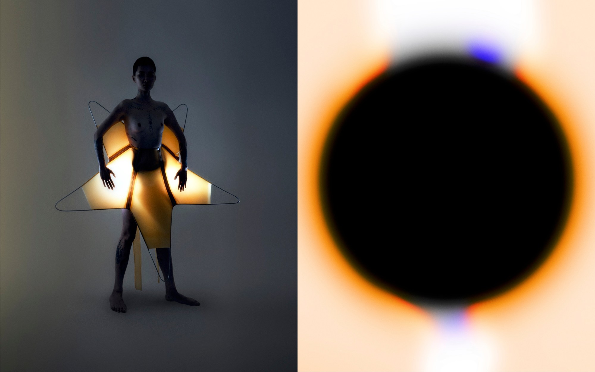 A photo of a topless man wearing a rubber star, and an image of a Black circle from Mika Kailes' BA FCP graduate project