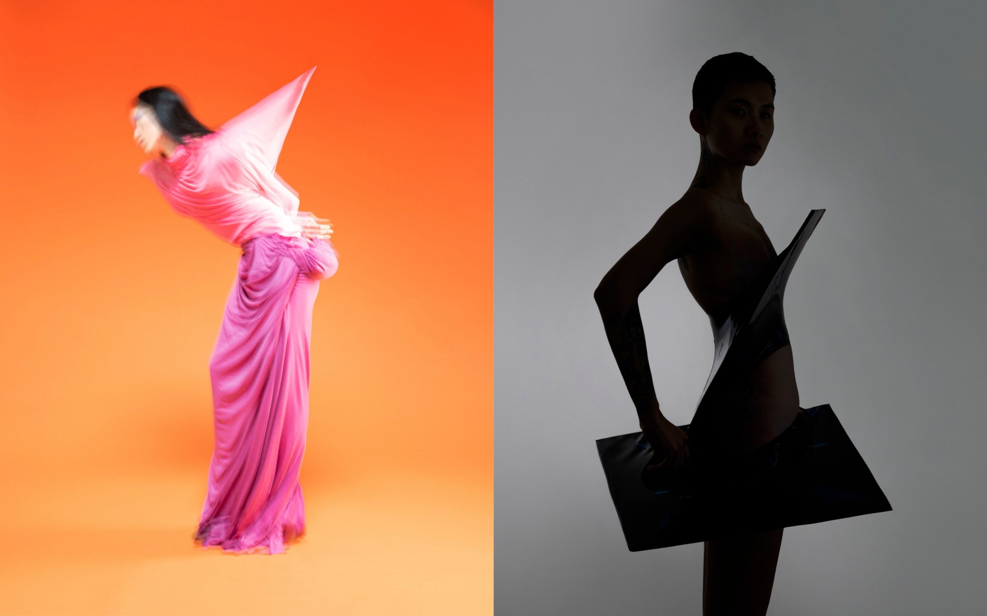 A photo of a person wearing a draped pink dress and a silhouette from Mika Kailes' BA FCP graduate project