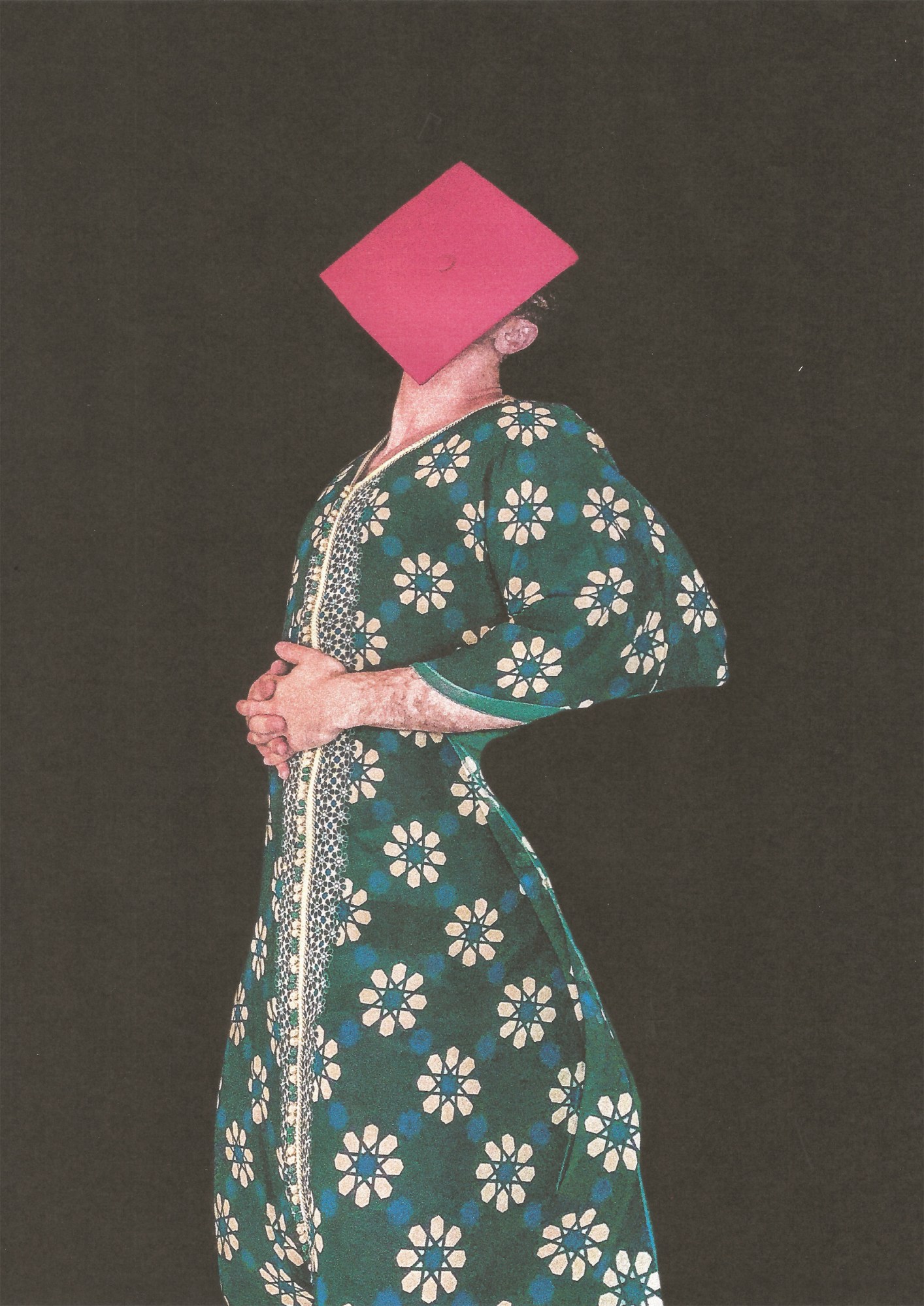 An image of a man wearing a long floral print dress with a covered face from Omar El Assir's BA FCP graduate project