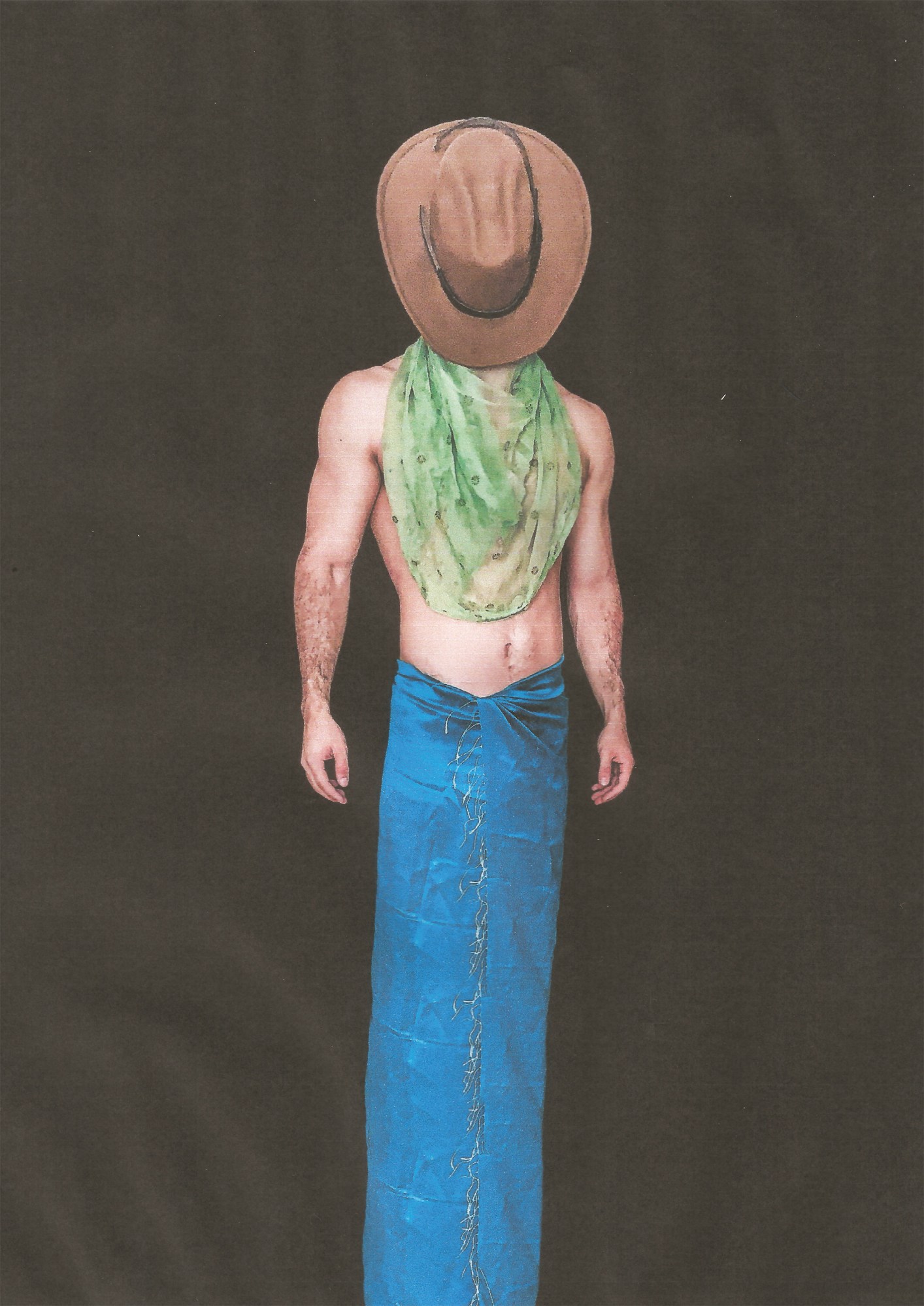 An image of a topless man wearing a long skirt with a covered face from Omar El Assir's BA FCP graduate project