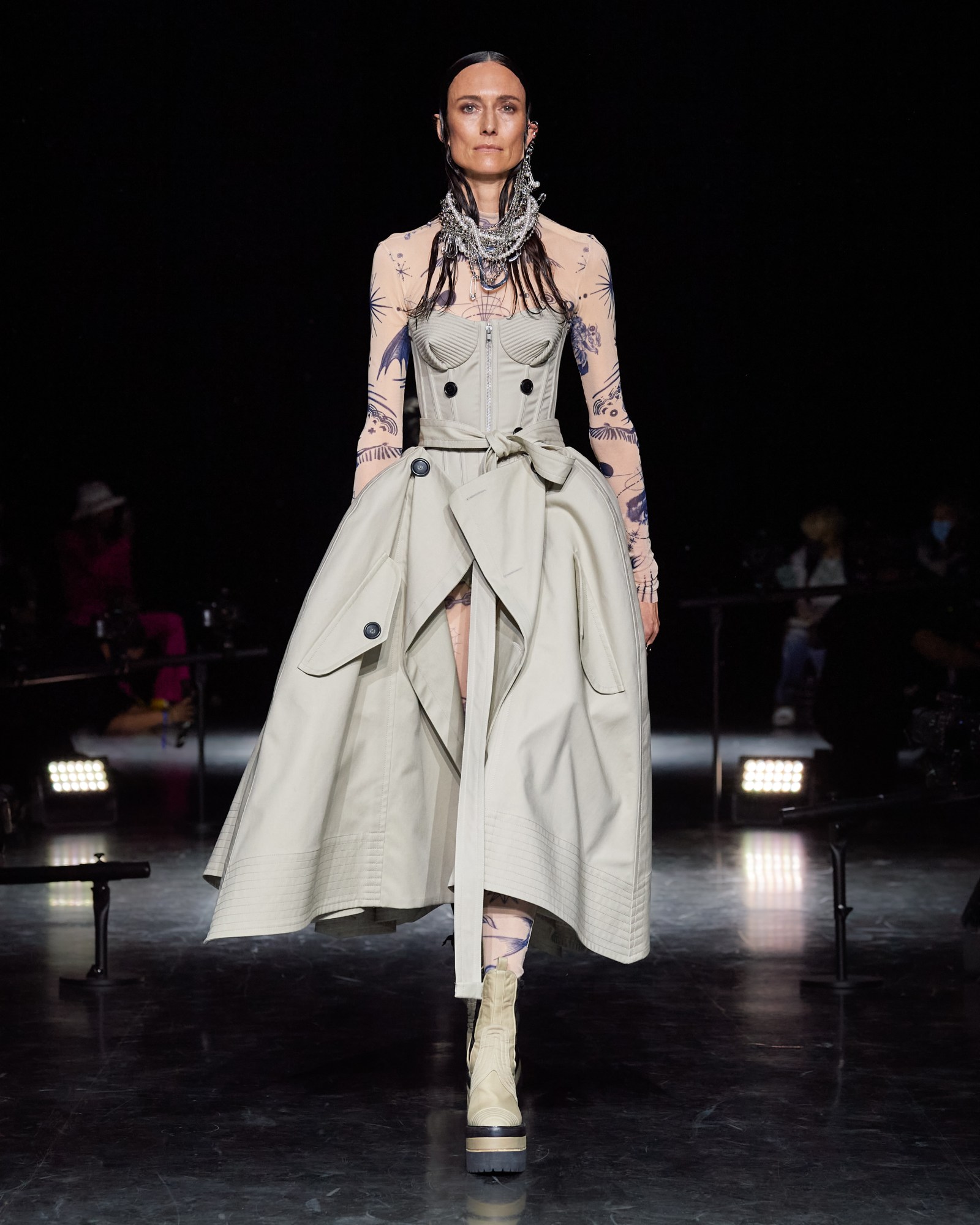 A model wearing a full look for Jean Paul Gaultier x sacai couture