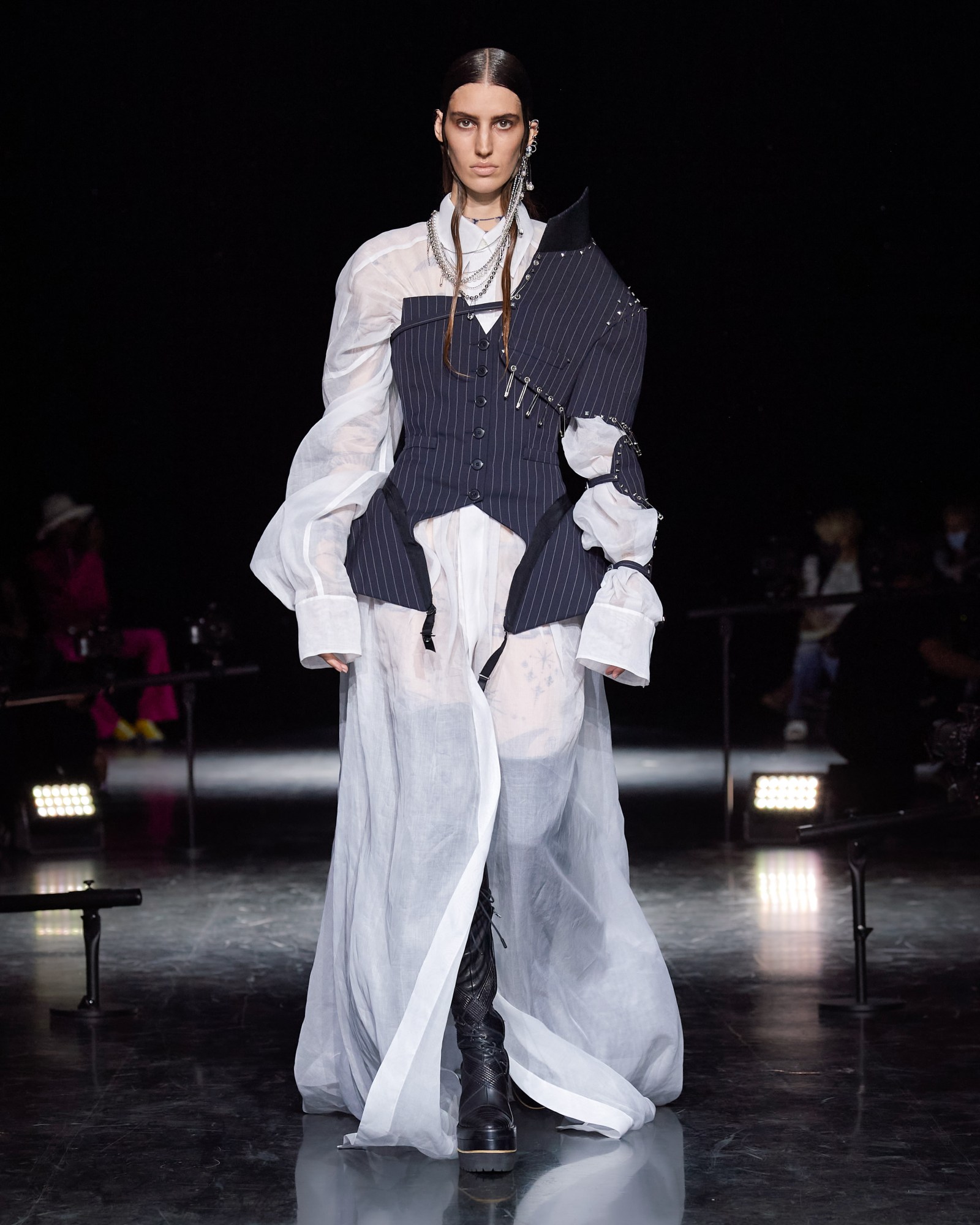 A model wearing a full look for Jean Paul Gaultier x sacai couture