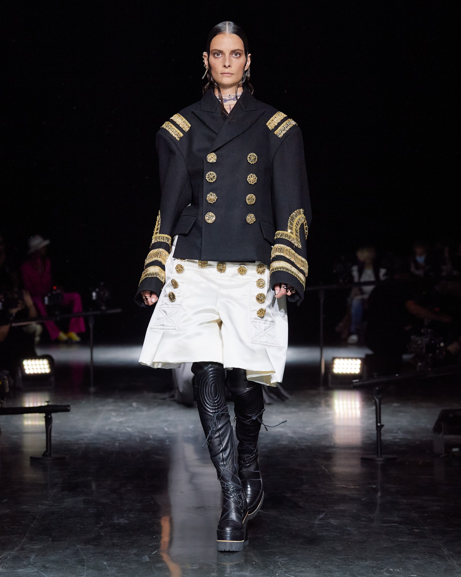 A model wearing a full look for Jean Paul Gaultier x sacai couture