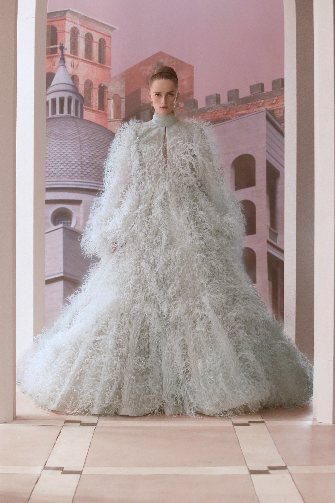 A model wearing a full look from Fendi's 2021 couture collection