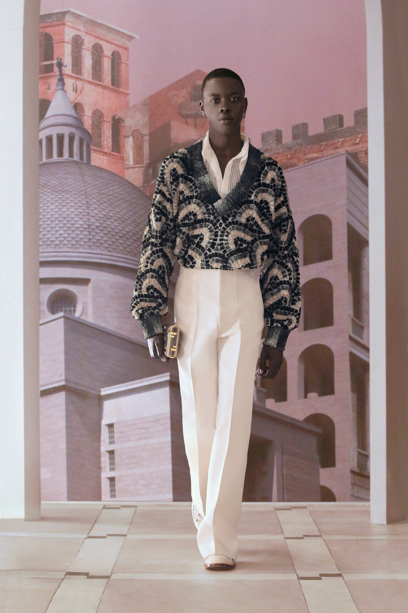 A model wearing a full look from Fendi's 2021 couture collection