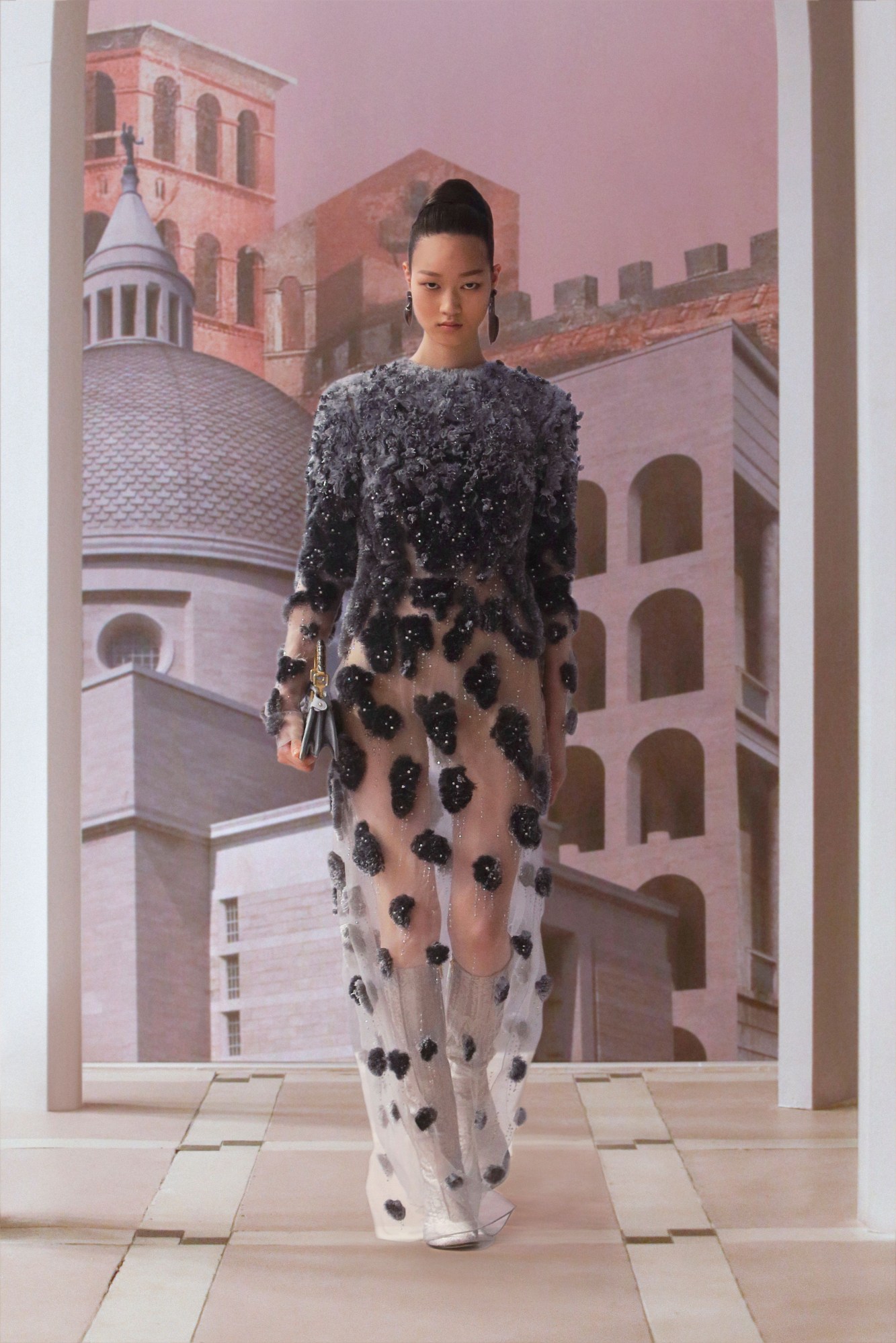 A model wearing a full look from Fendi's 2021 couture collection