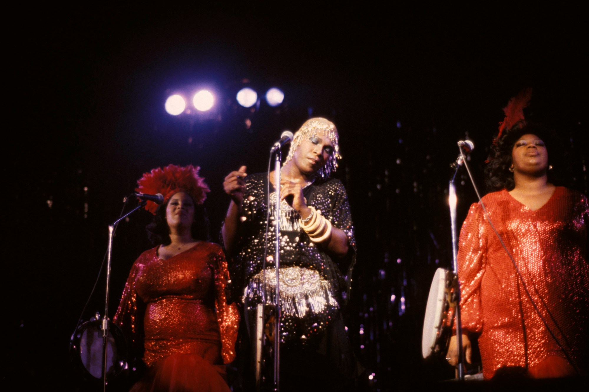 Photo of TWO TONS O' FUN and SYLVESTER, with backing singers Martha Wash and Izora Rhodes Armstead who were called Two Tons O' Fun before becoming the Weather Girls