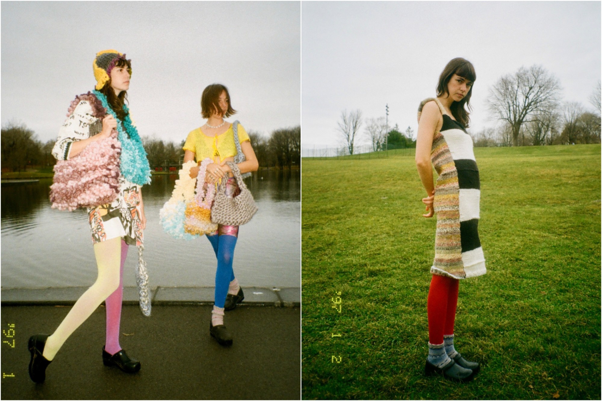 models carrying canta woven bags outside