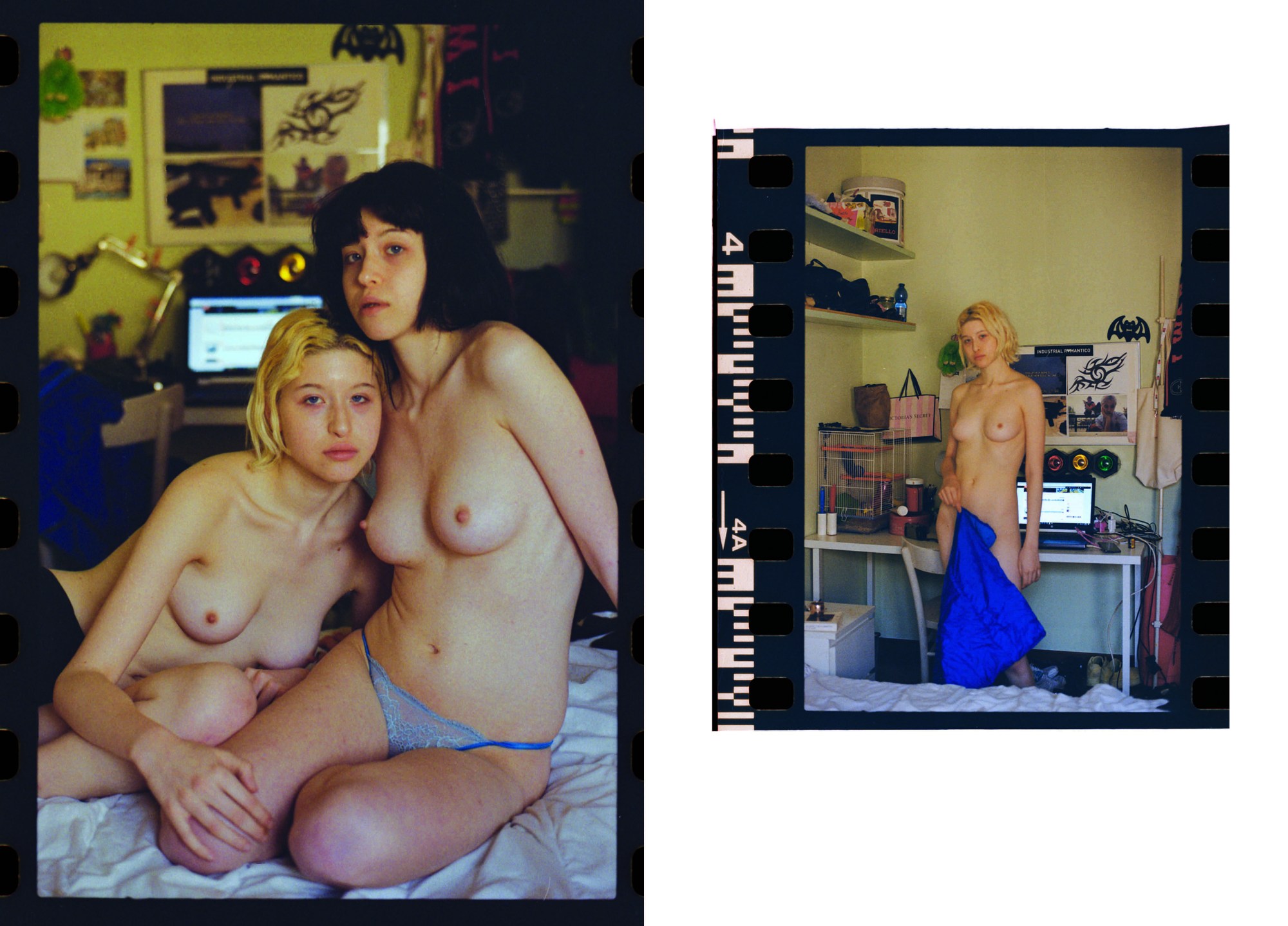 L: a photo of two women leaning on one another on a bed. R: a photograph of a woman in a bedroom, holding a blue towel draped in front of her body.