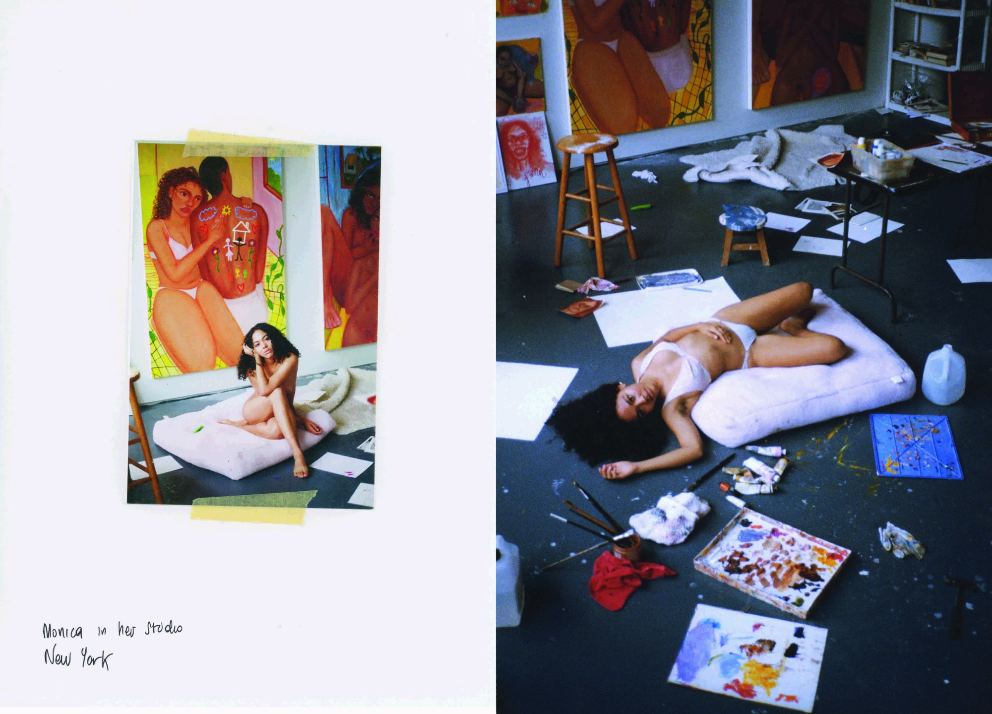 two side by side portraits of a woman in her underwear, laying on a cushion in her art studio