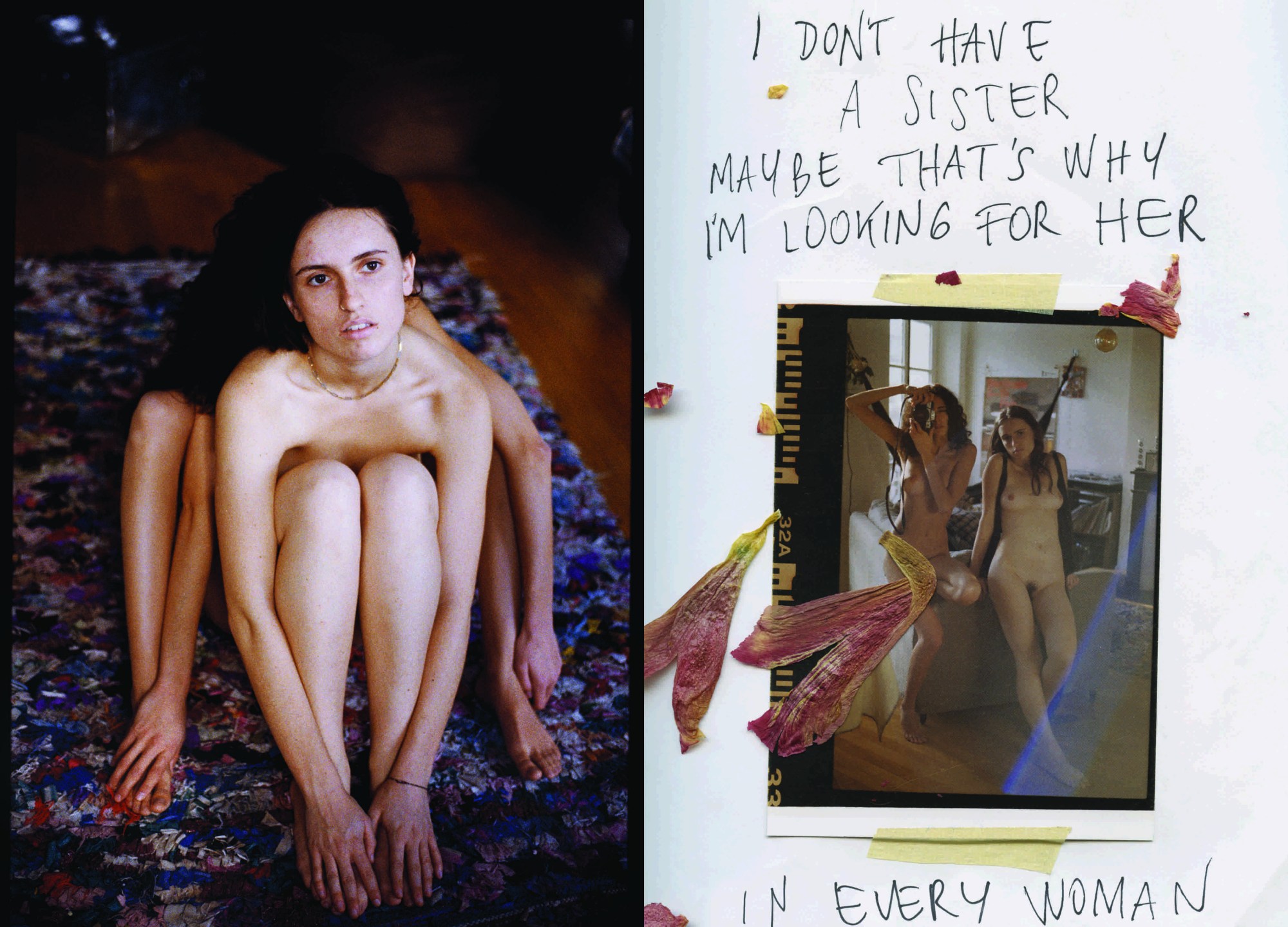 two side by side photographs of two nude young women relaxing in a bedroom