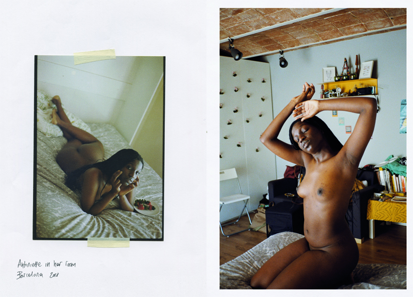 two side by side portraits of a nude young woman lounging on her bed