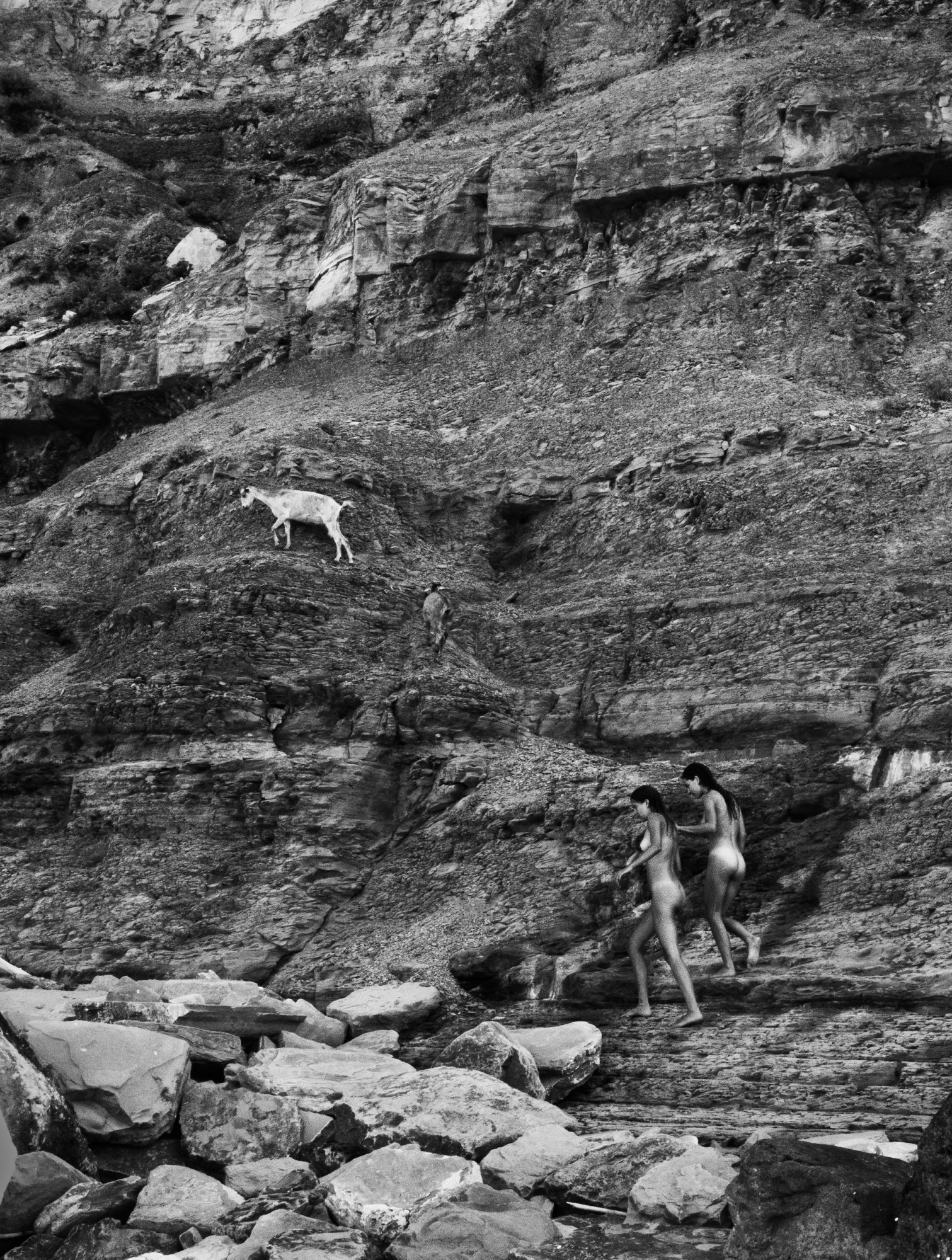 a black and white photo of two naked girls walking up a rocky cliff and following a goat