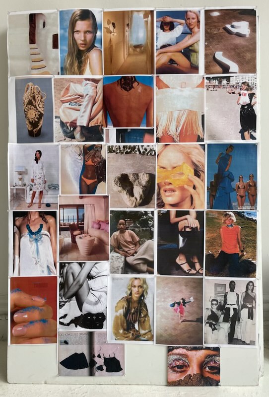 a womenswear moodboard collage of kate moss, swimwear looks and beauty