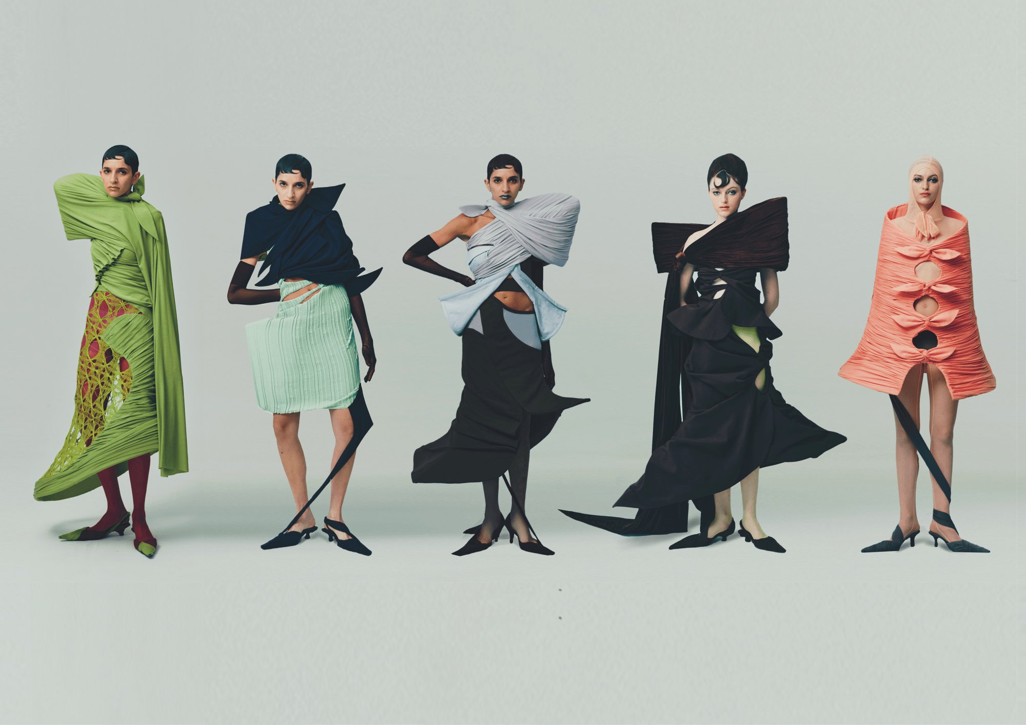 five models wearing structural garments by chelsea kaya