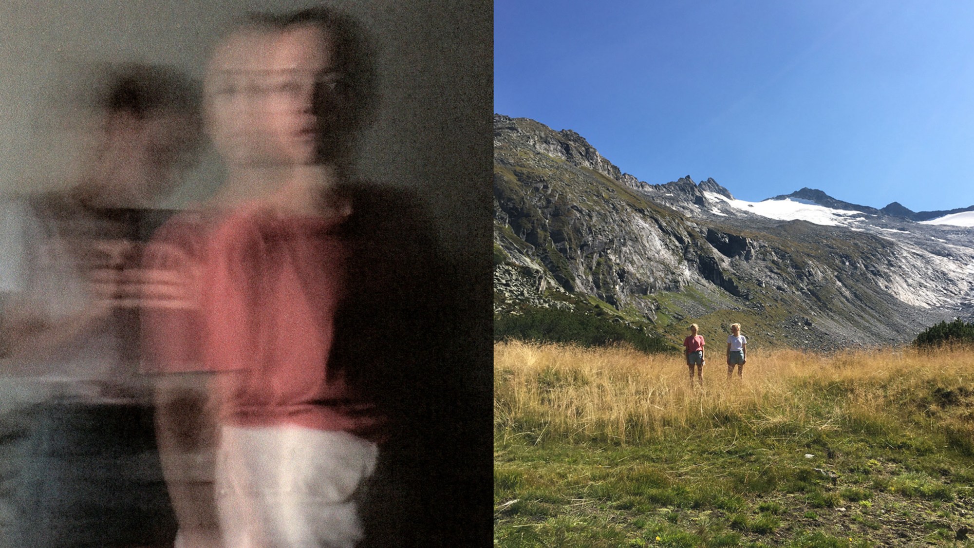 two photographs of twins: the left is a blurry mirror selfie; in the right, they stand in a field with a mountain backdrop