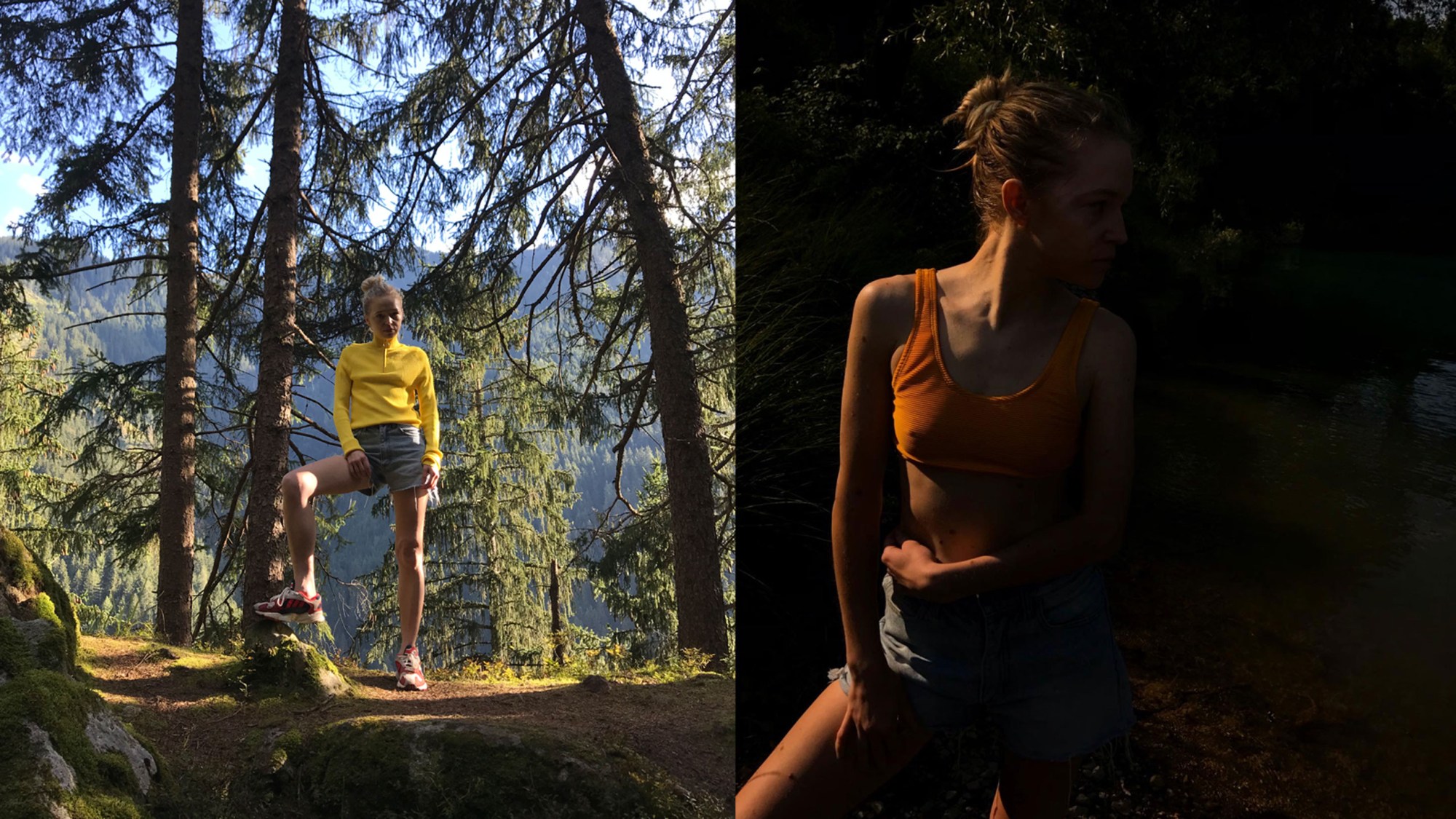 two images: in the left, a girl stands in a pine forest with her leg up on a tree stump; in the right, a girl stands in the dark shadows of the forest