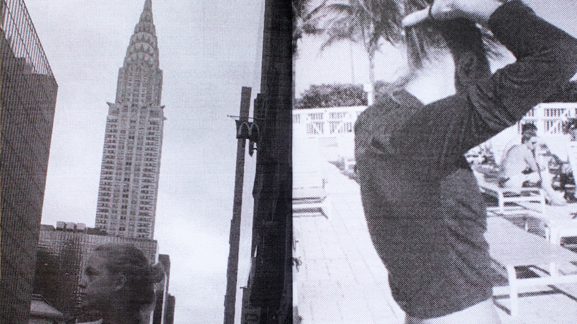 two b+w images: on the left a girl stands in front of the empire state building; in the second, a girl ties her hair up