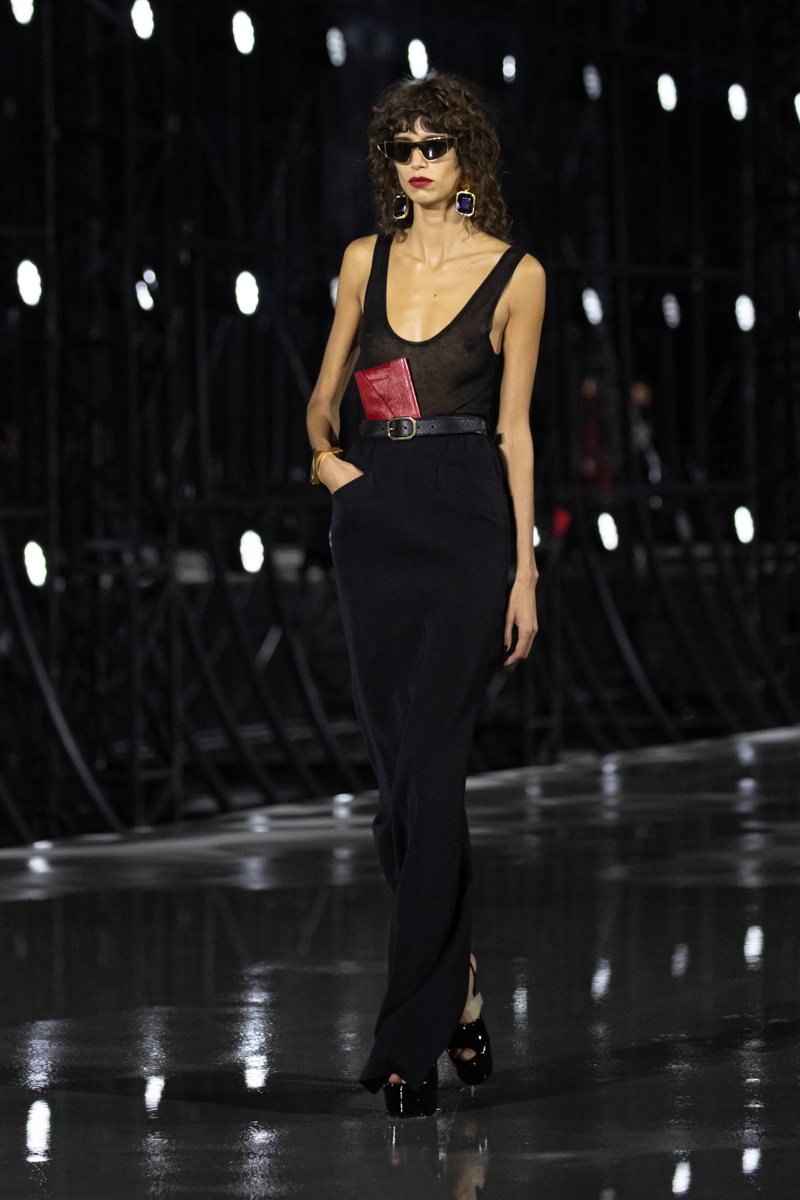 Saint Laurent SS22 black wide legged trousers and sheer vest top