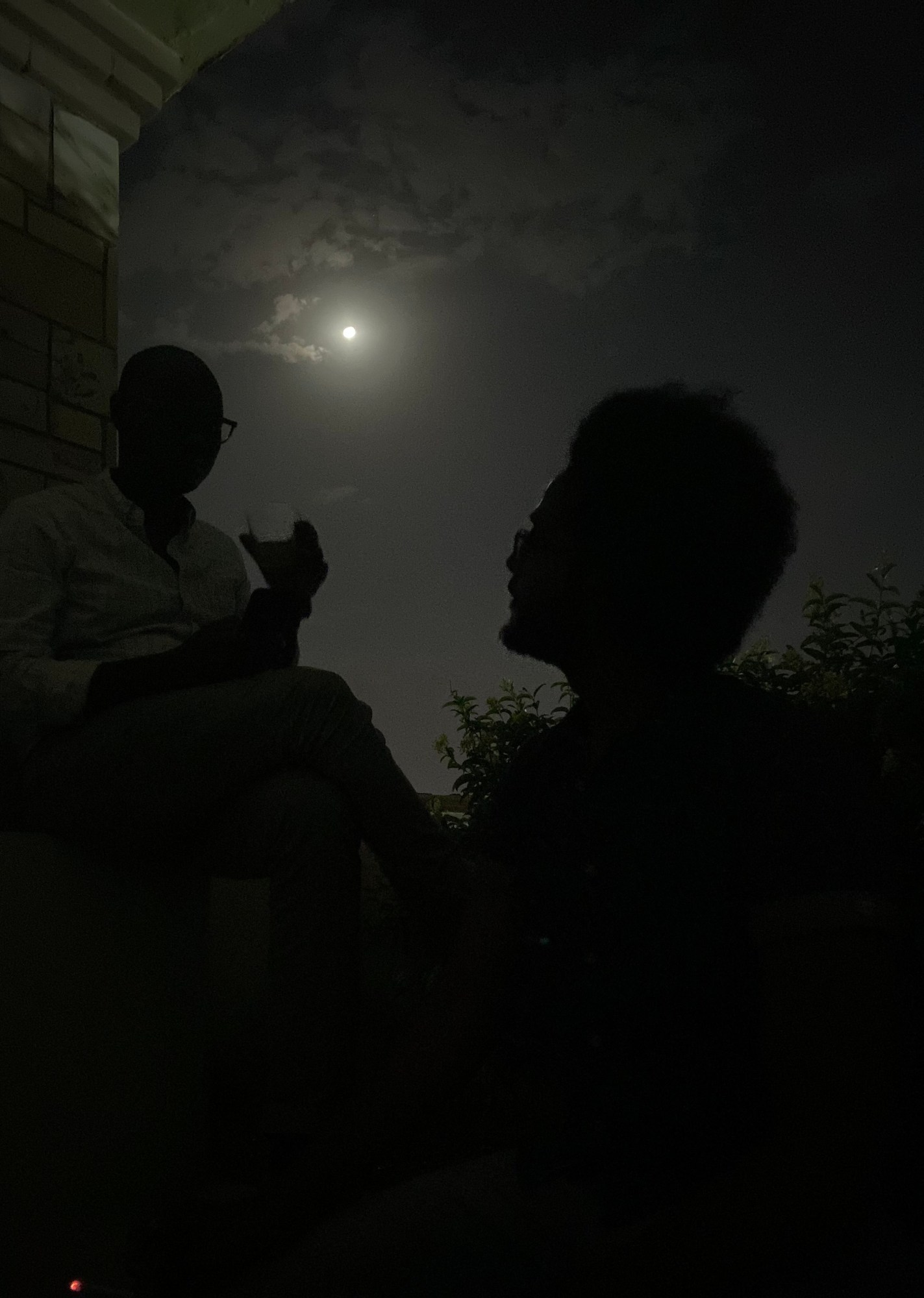 Two people talk under the moonlight at night.