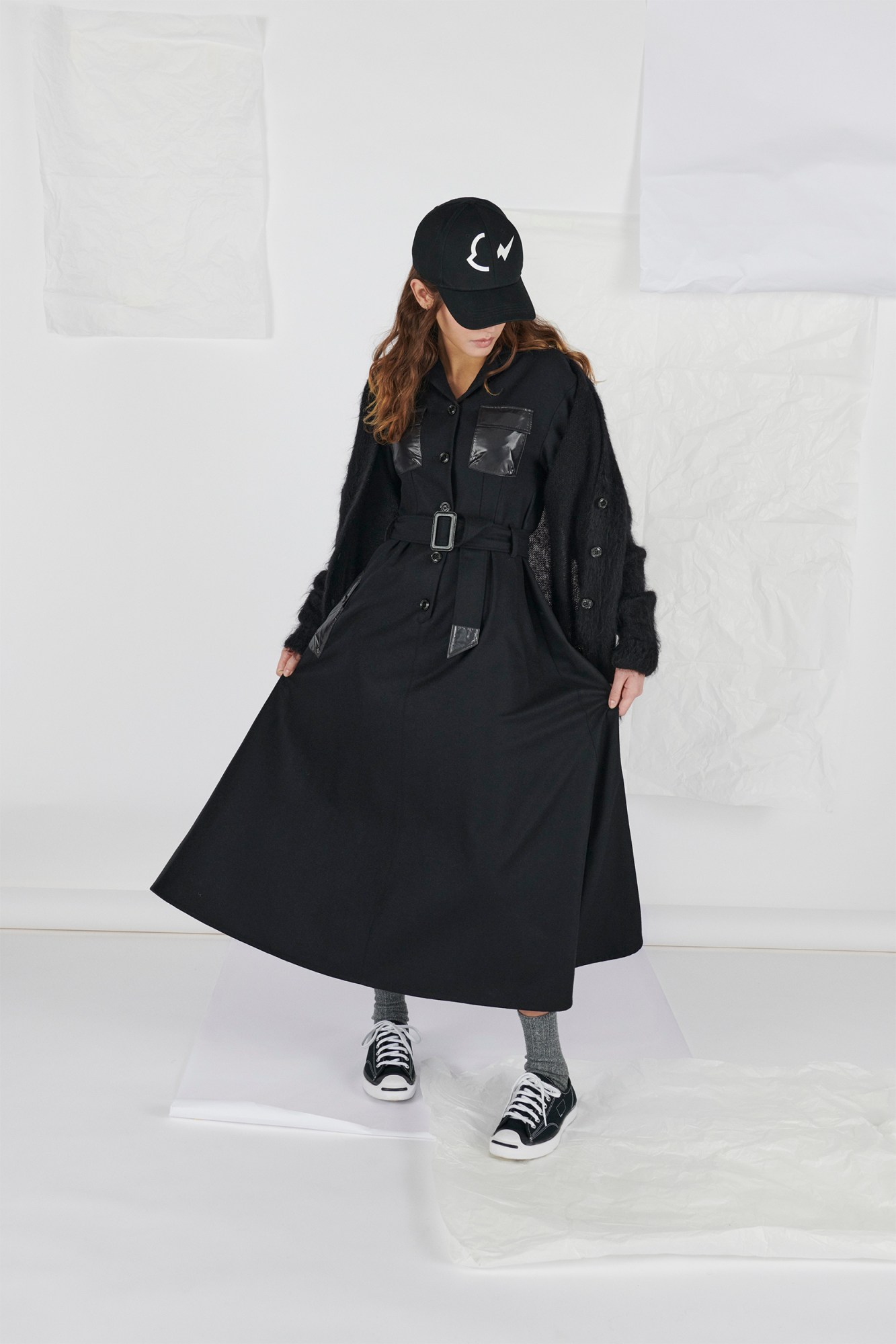 Model wears dress, shoes, cardigan and hat by 7 Moncler Frgmt Hiroshi Fujiwara