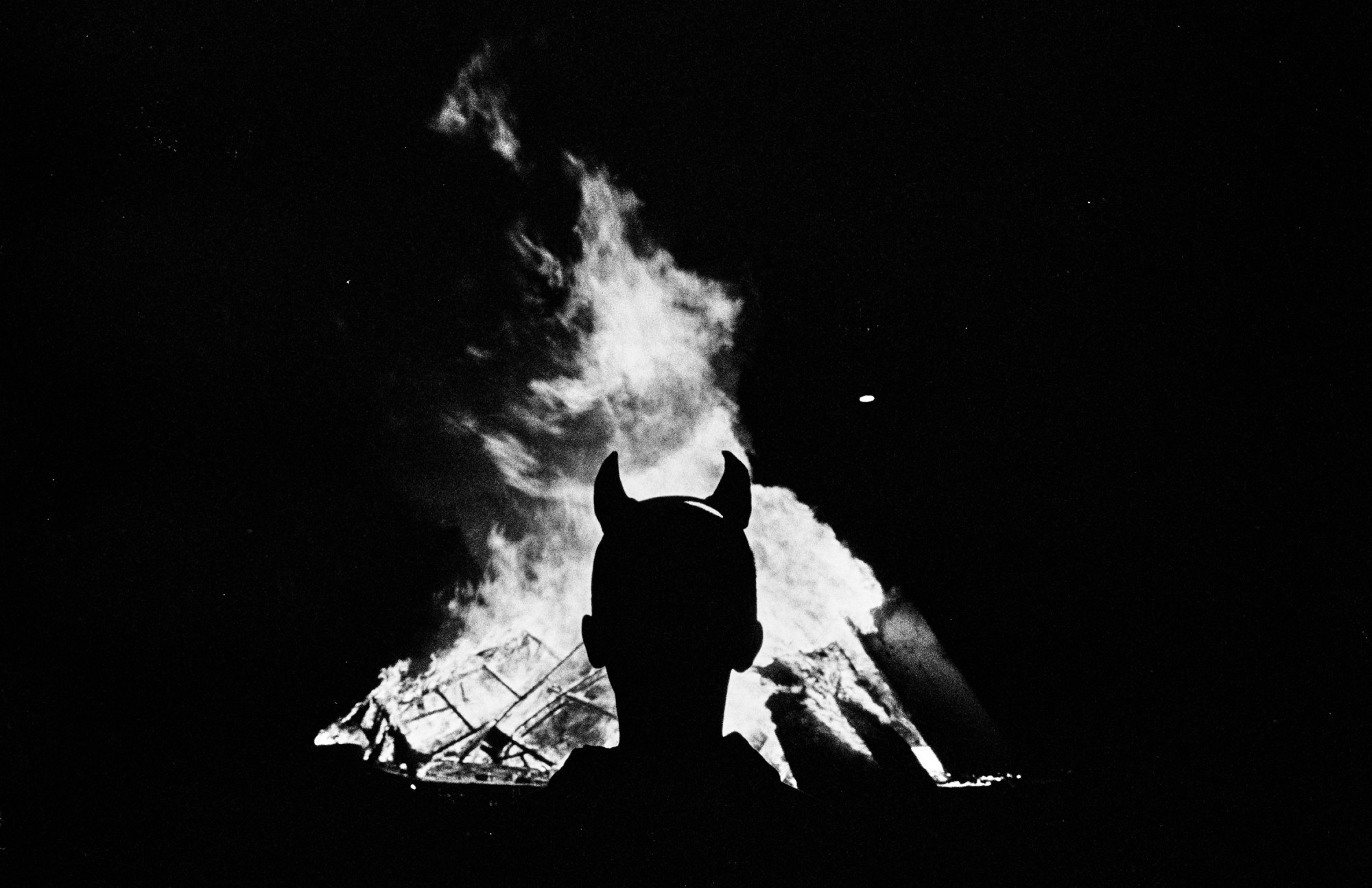 the silhouette of a person's head wearing devil horns against a bonfire