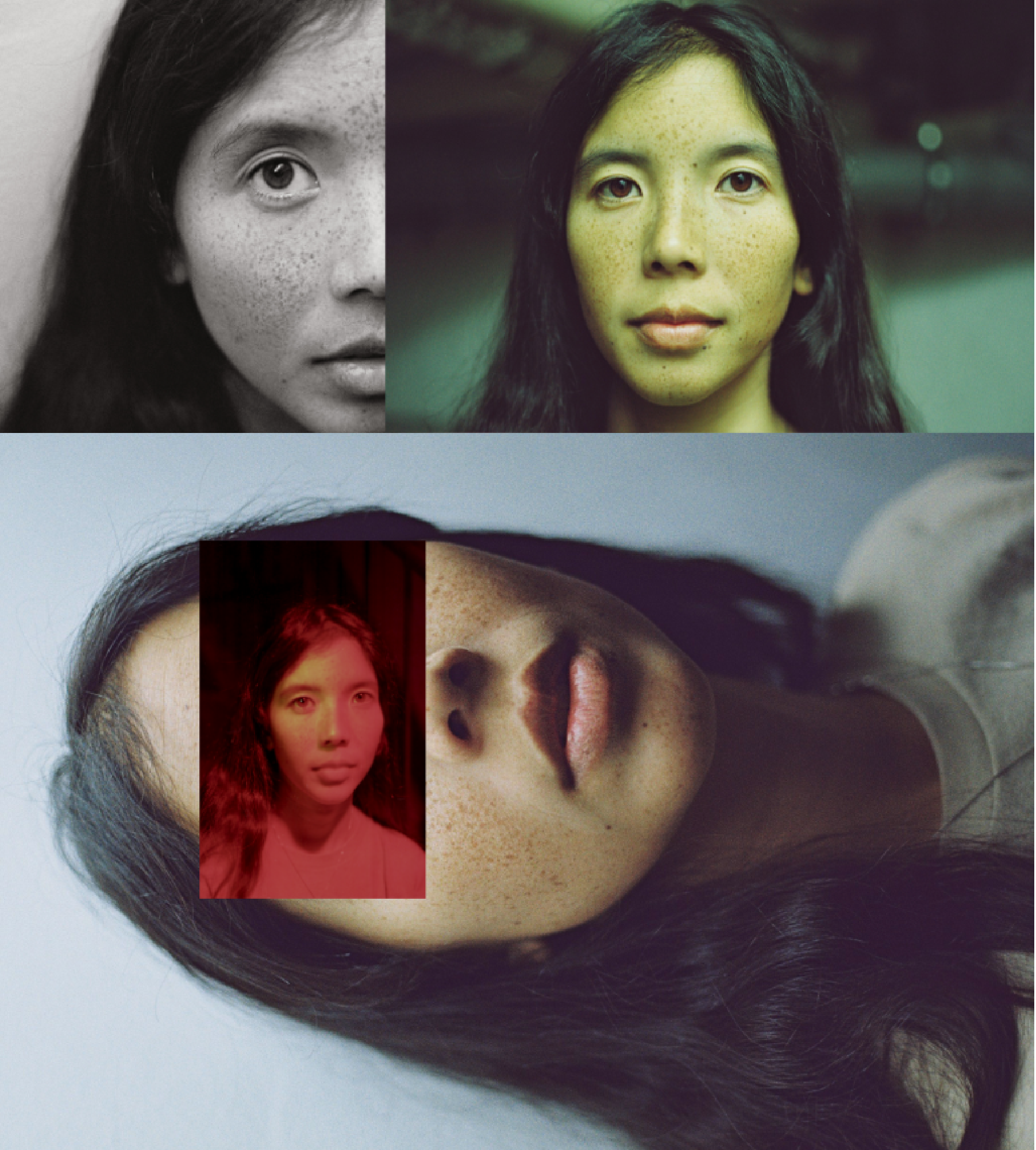 a collage of ana roxanne, an intersex person with long brown hair and freckles