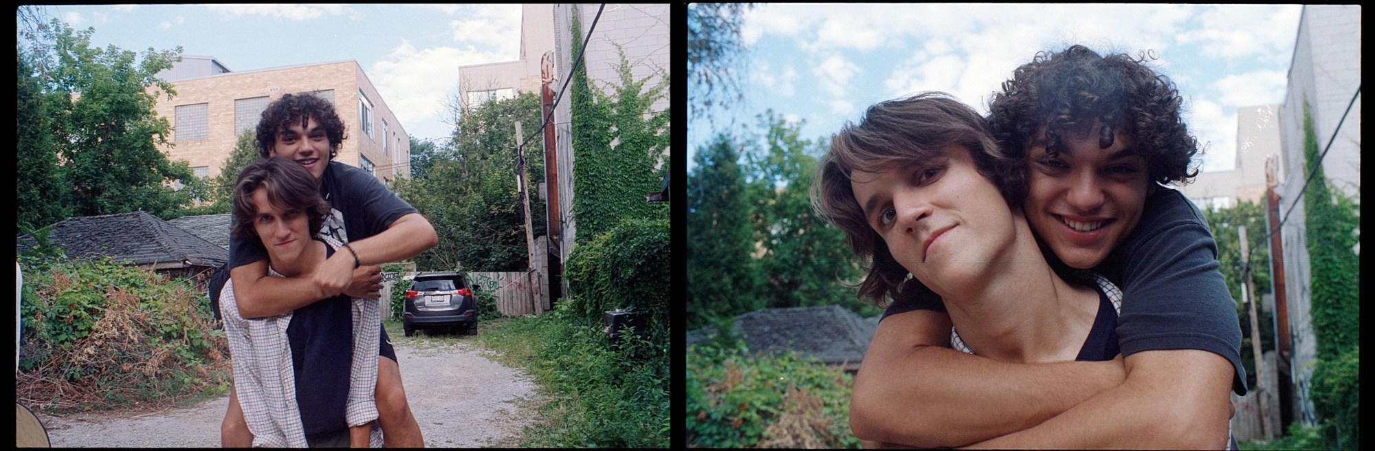 two images of one man on the shoulders of another