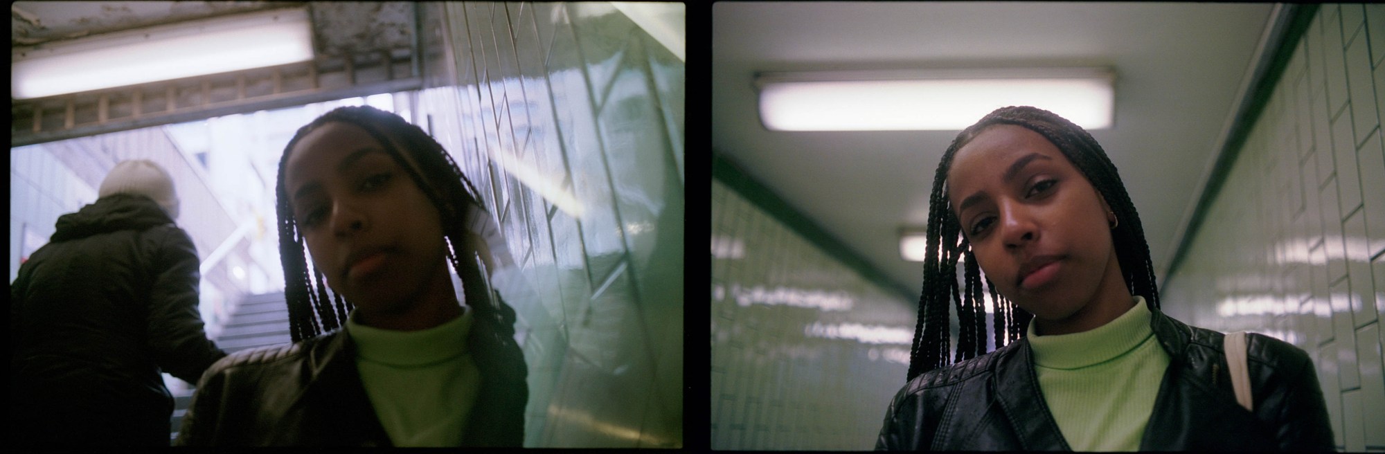 two images of a young woman walking through a subway station