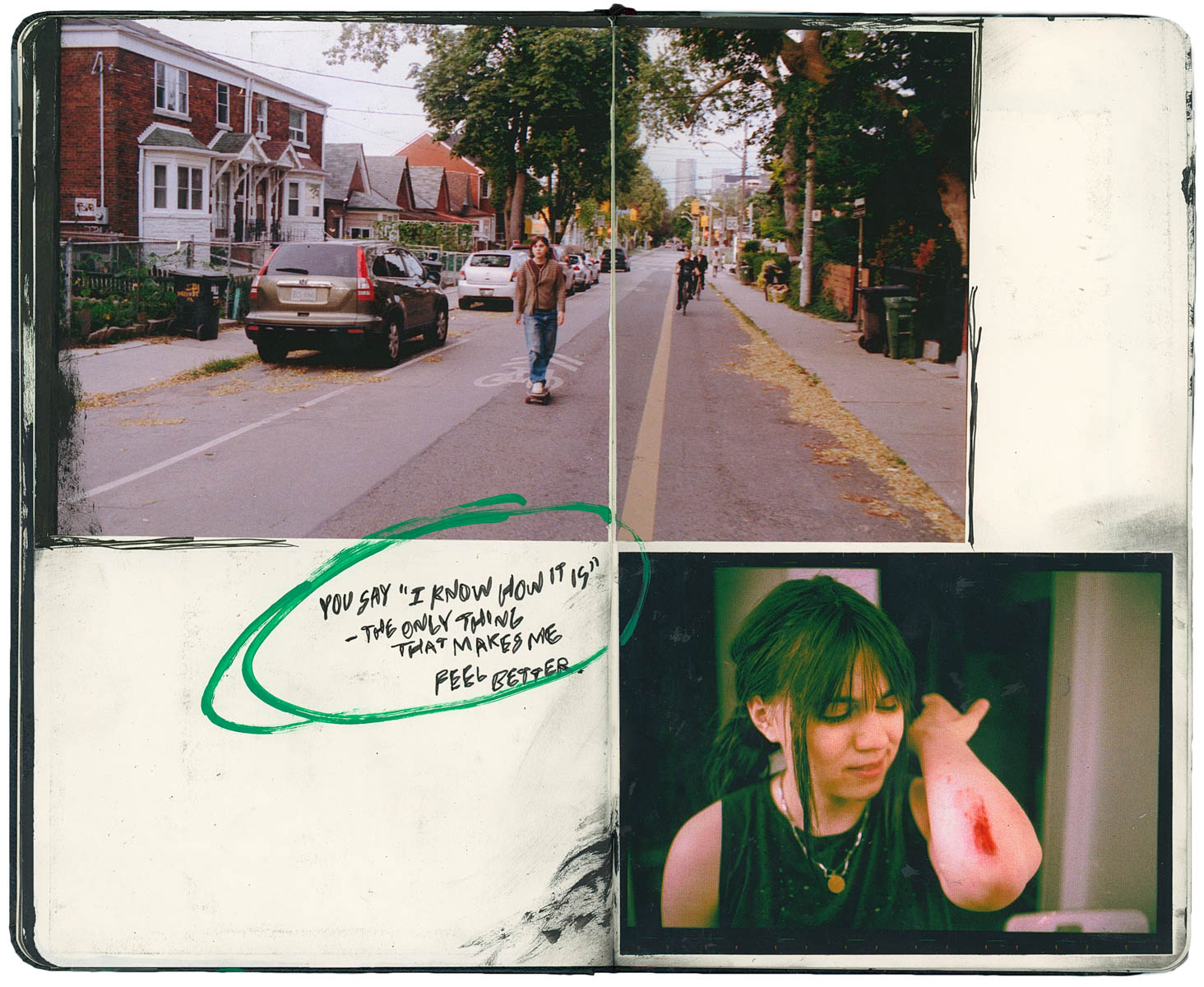 a collage including a young woman on a skateboard and another looking at a cut on her arm