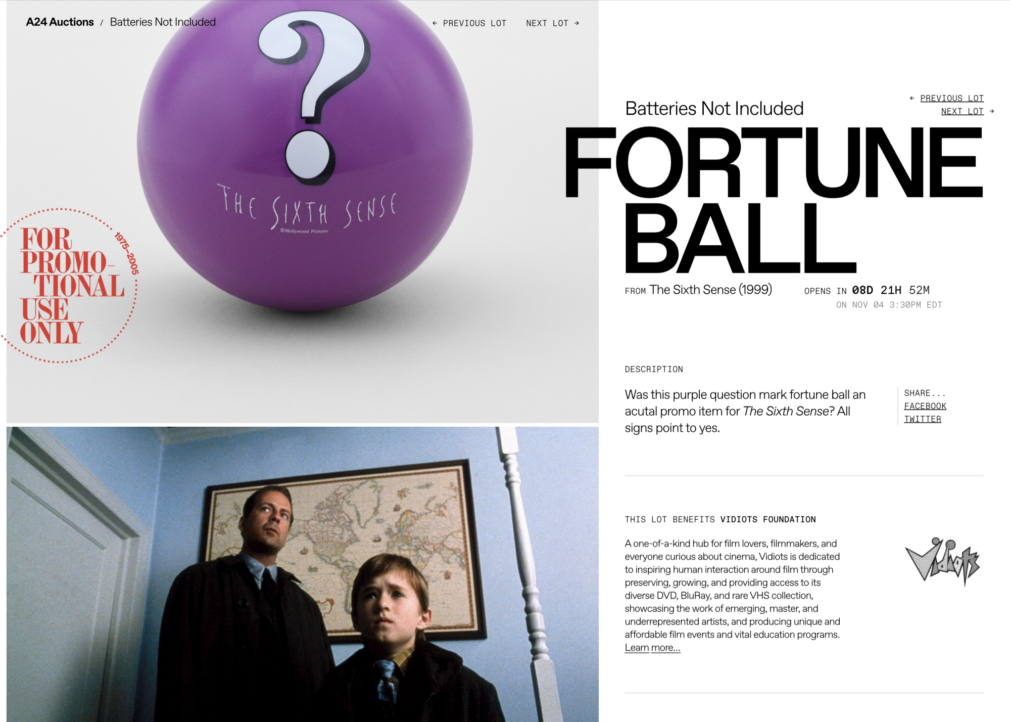 Sixth Sense themed magic 8 ball auction page from A24