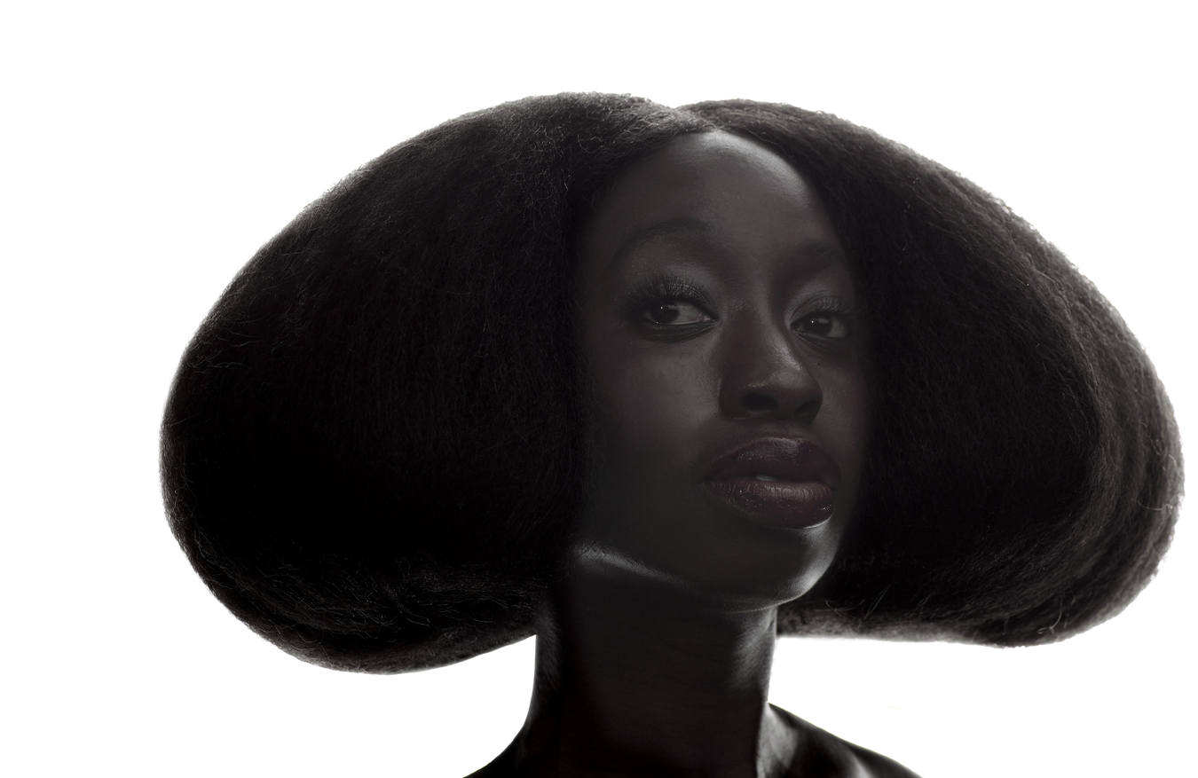 model with black hair parted and styled into two buns.