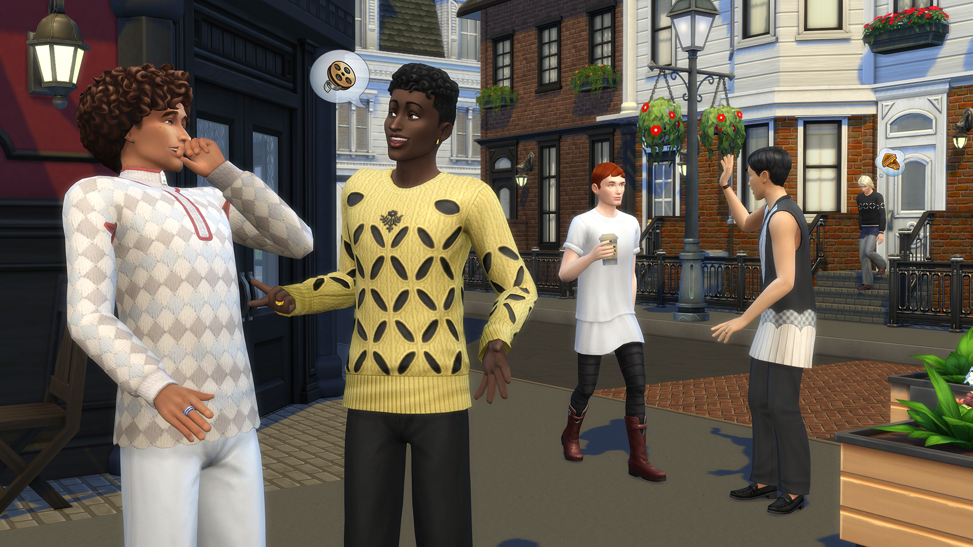 Sims socialising in a street wearing Stefan Cooke's designs.