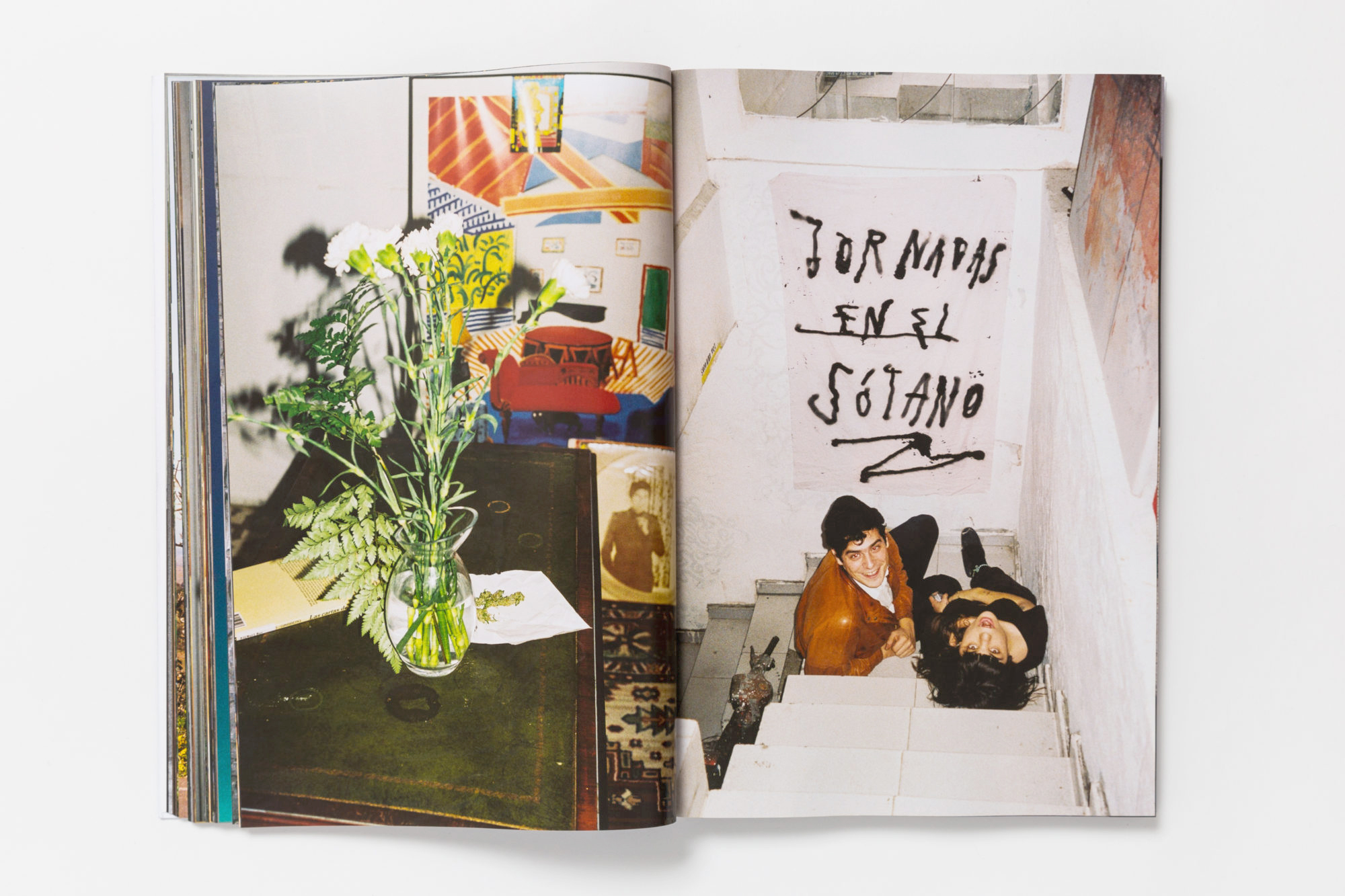 on the left: a still life of a vase of long, reedy yellow flowers; on the right: two friends sitting and chatting on a white staircase look back at the photographer who is further up the stairs