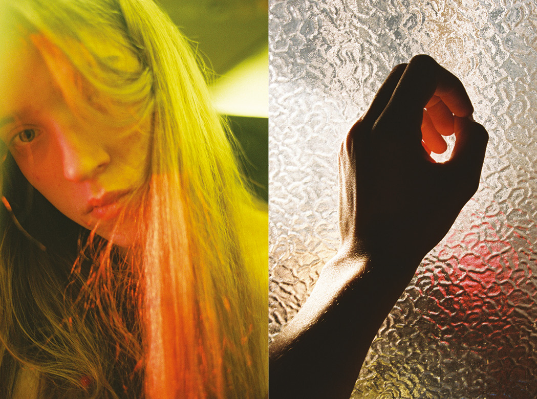 left: a close-up of a model's face, obscured by her long hair; right: a shadowy hand makes a loose fist against a textured glass window