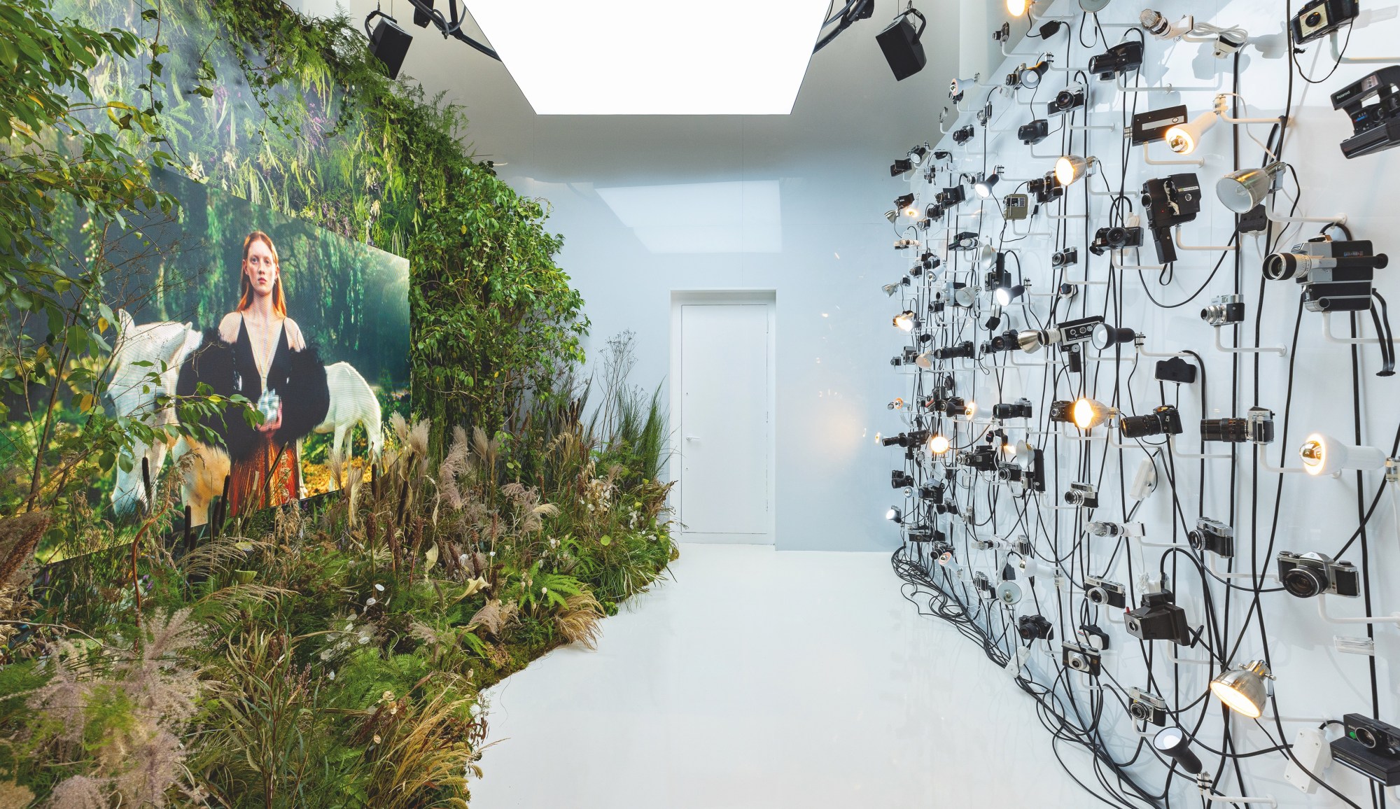 Inside the Gucci Circolo pop up shop with a wall of plants and foliage and on the other side a wall of cameras and lights.