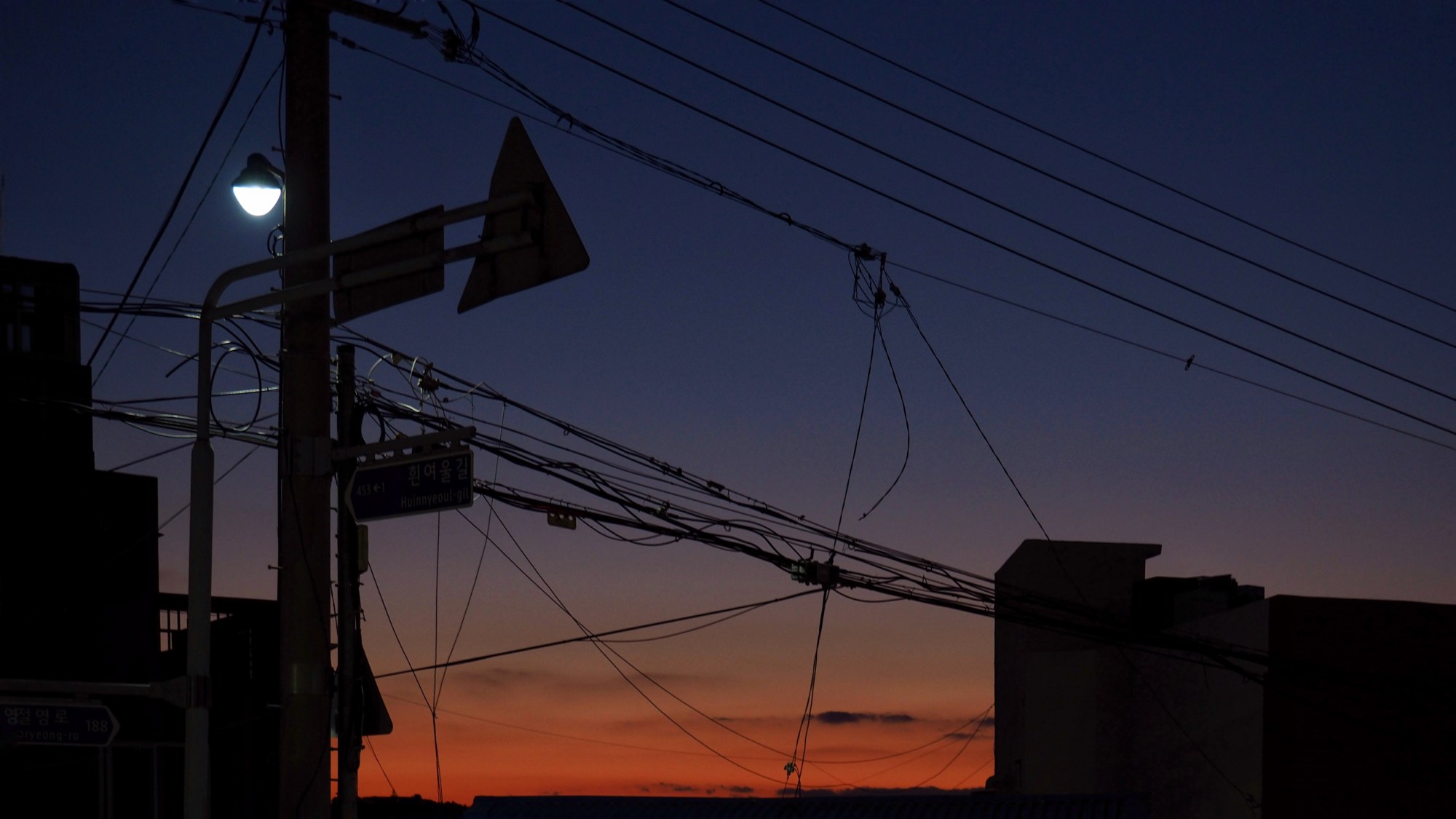 Telephone wires at night.