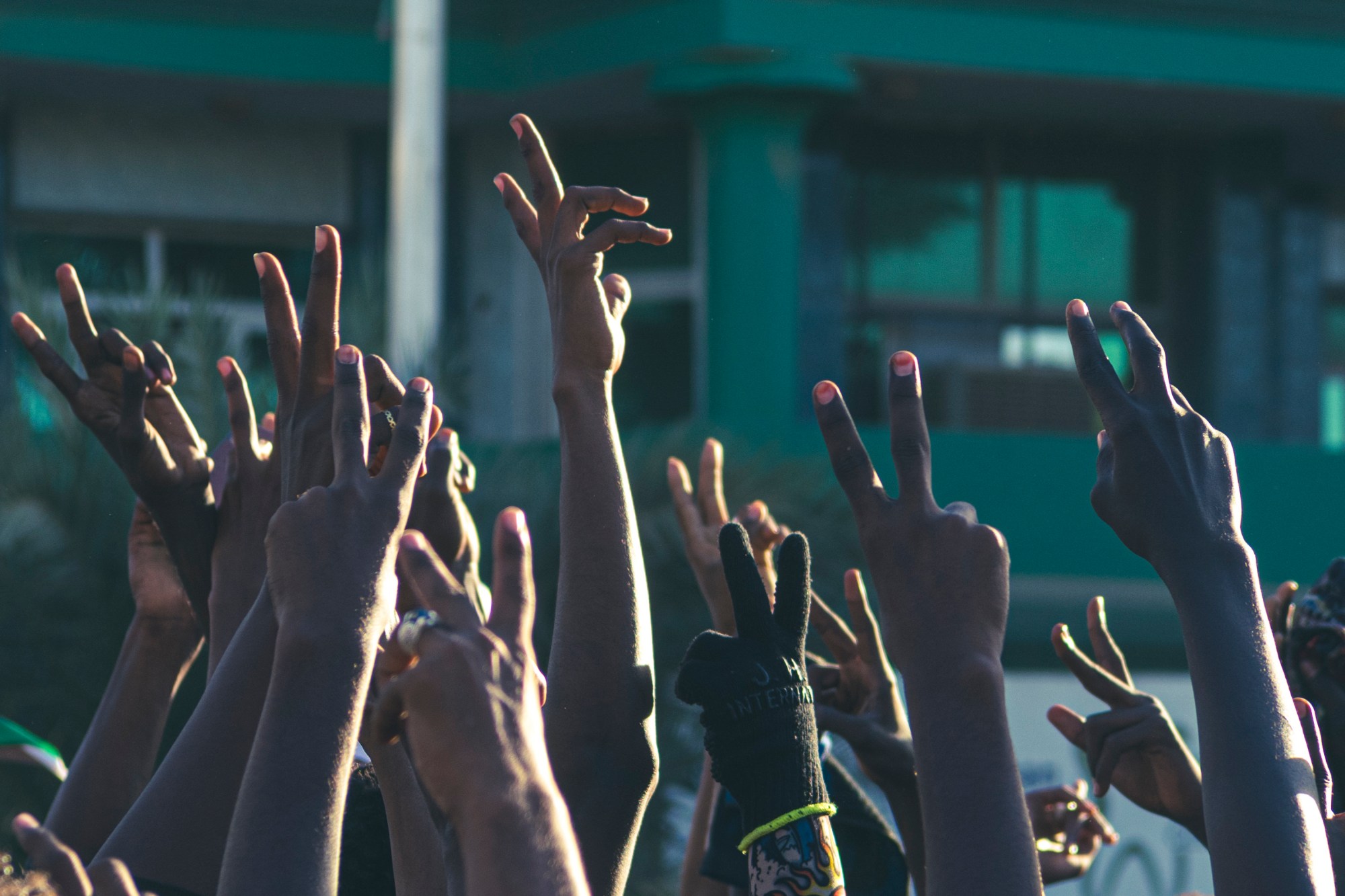 Hands raised in the air showing the peace sign.