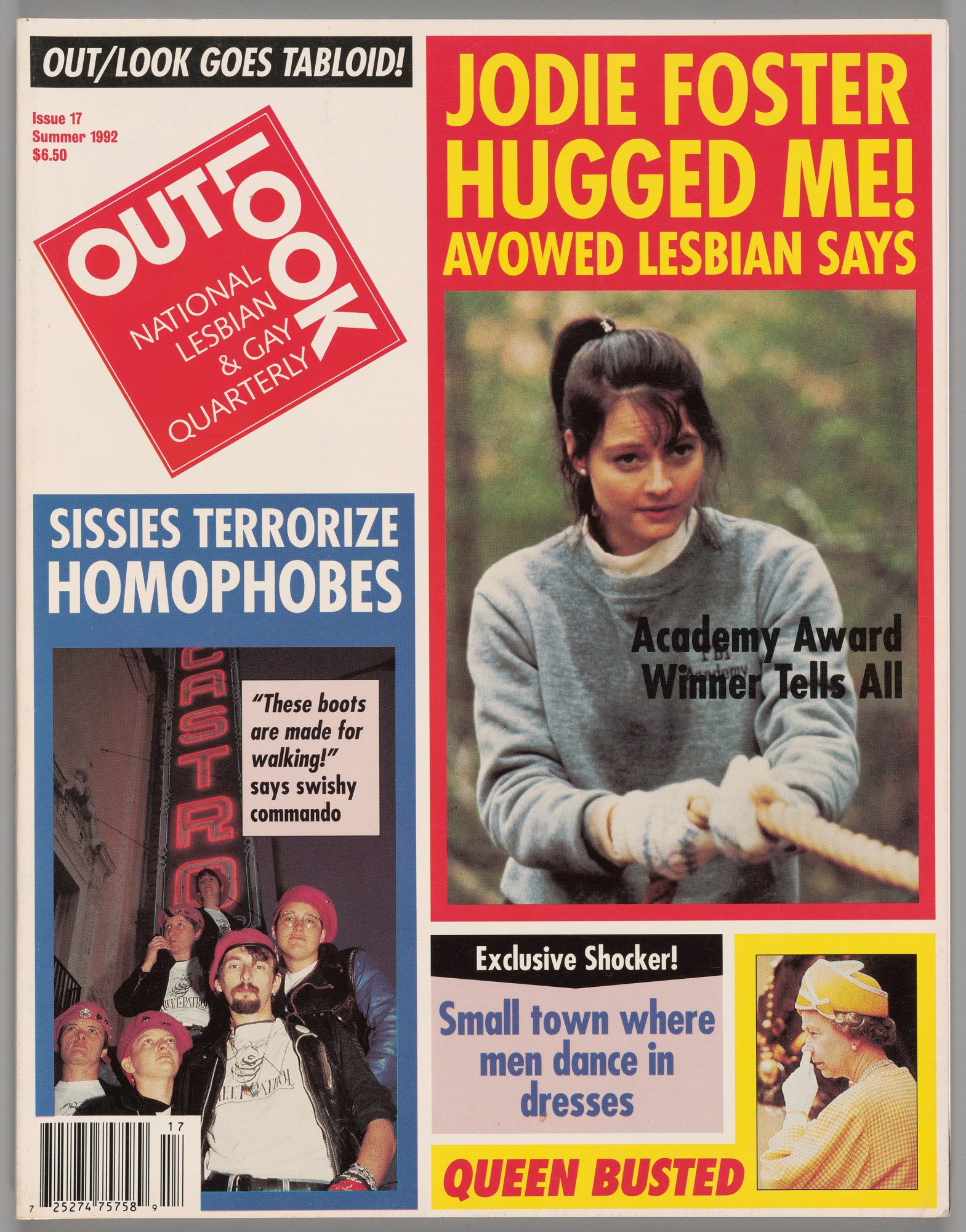 a cover of out/look magazine designed like a tabloid from 1992