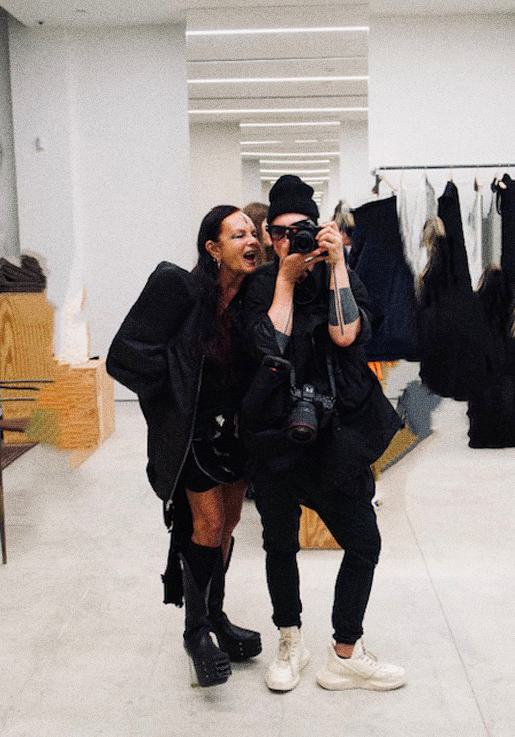 Michele Lamy and a friend at the Rick Owens store in Miami