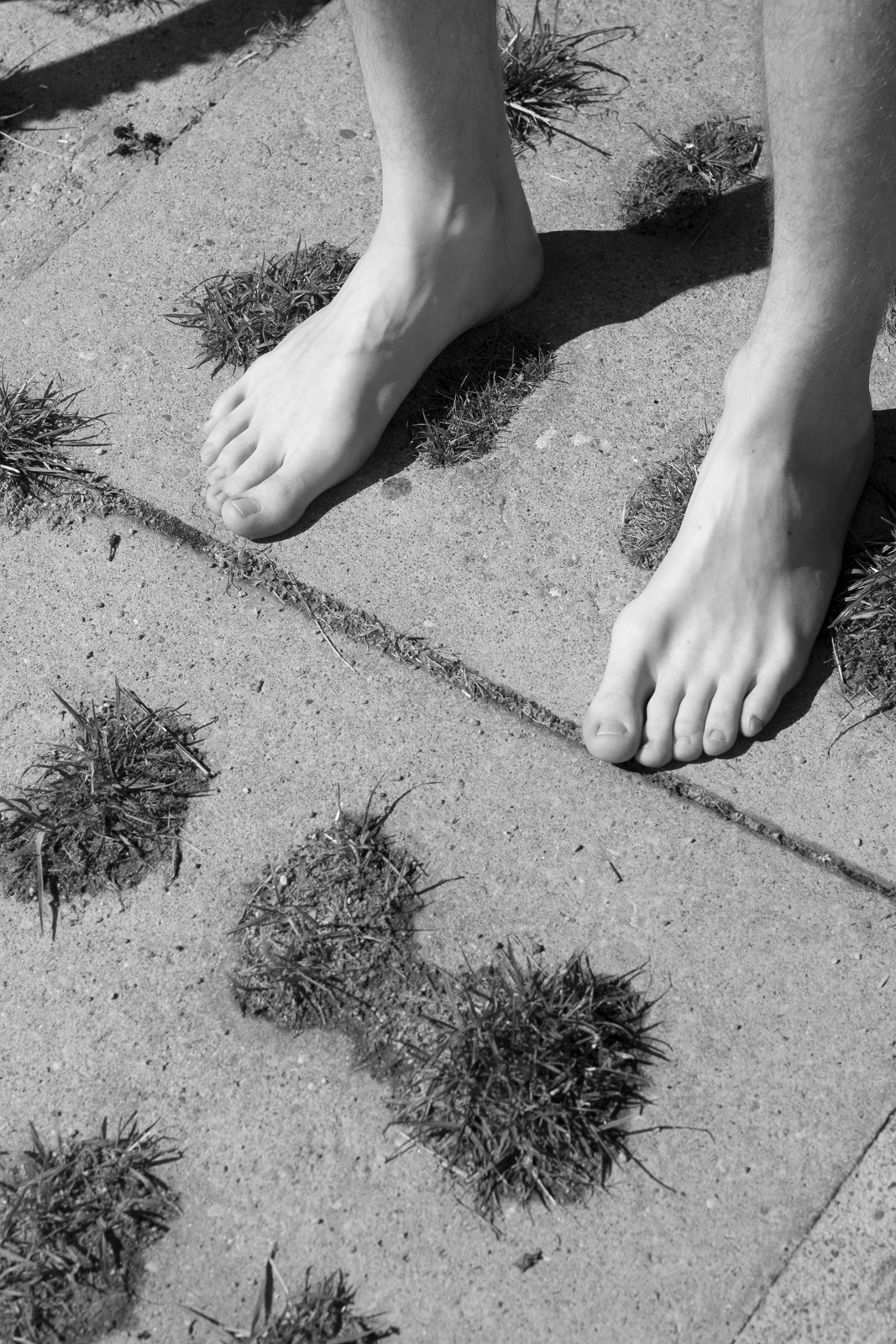 bare feet on a paved path with spurts of grass