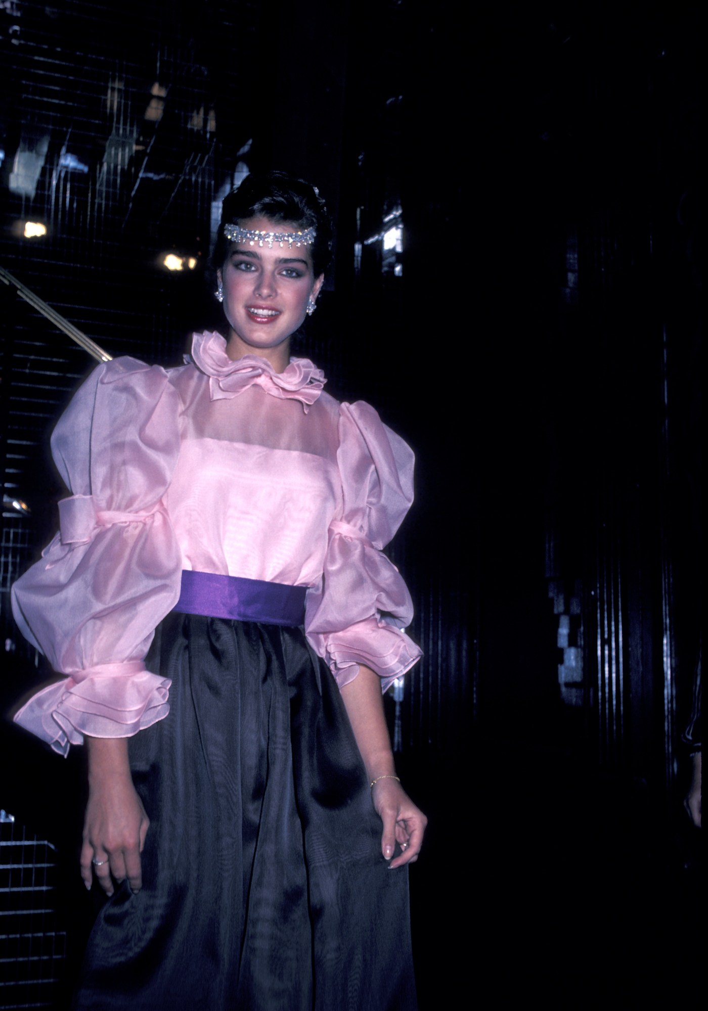 brooke shields wearing an organza gown and diamond headdress for h. stern in 1981